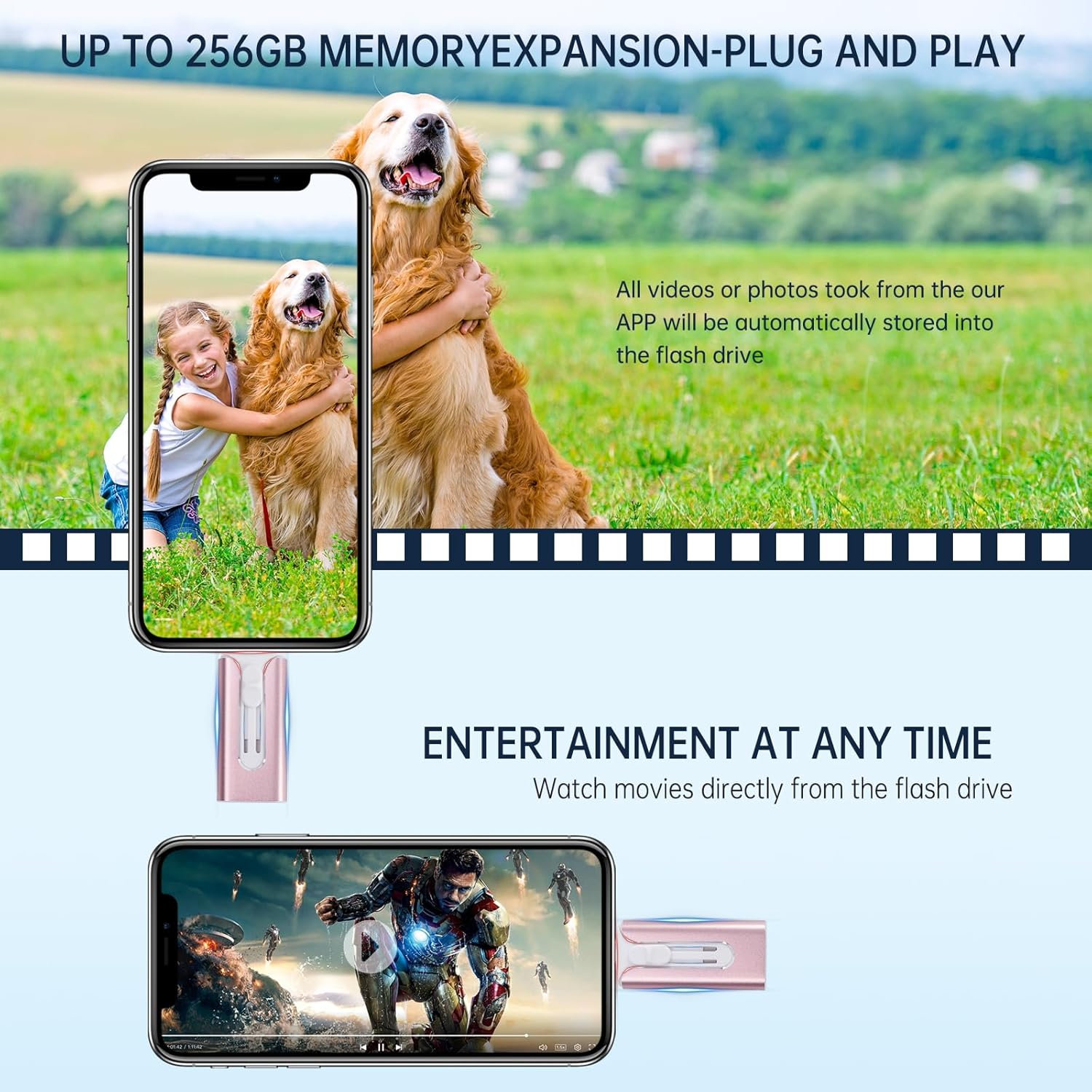 Iphone Flash Drive,256Gb Photo Stick USB Drive,4 in 1 Iphone USB Memory Stick Iphone Thumb Drive USB Stick for Iphone15/14/13/12/11/X/Xs.../Pc/Ipad Type C and Micro USB Phone Devices (Pink) image number 2