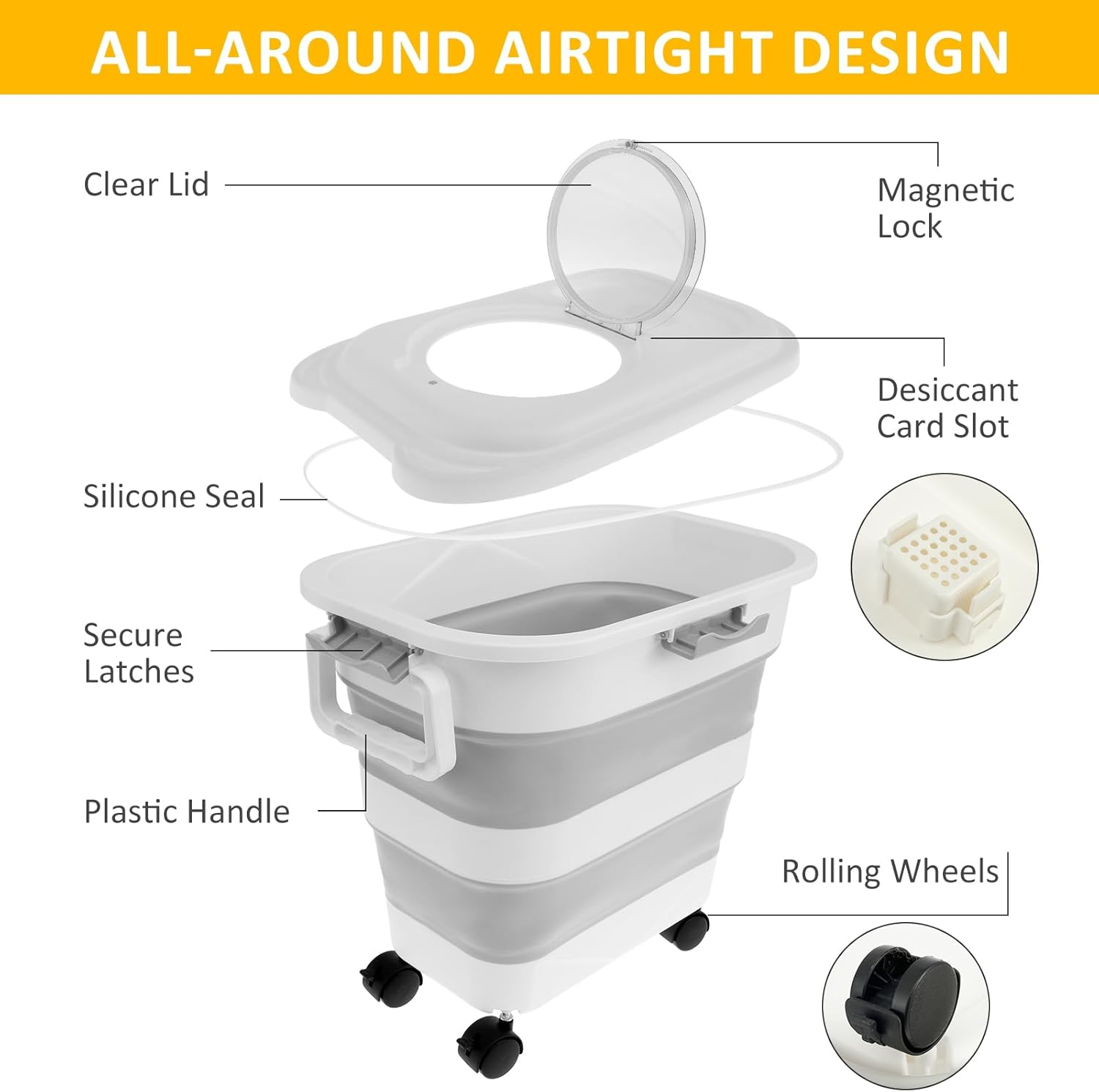 LYIYEYAN Plastic Dog Food Storage Container with Attachable Casters and Scoop, Handle Design, Large Capacity Collapsible Pet Food Container, Keep Fresh, Airtight Dog Food Bin for Home Travel image number 6