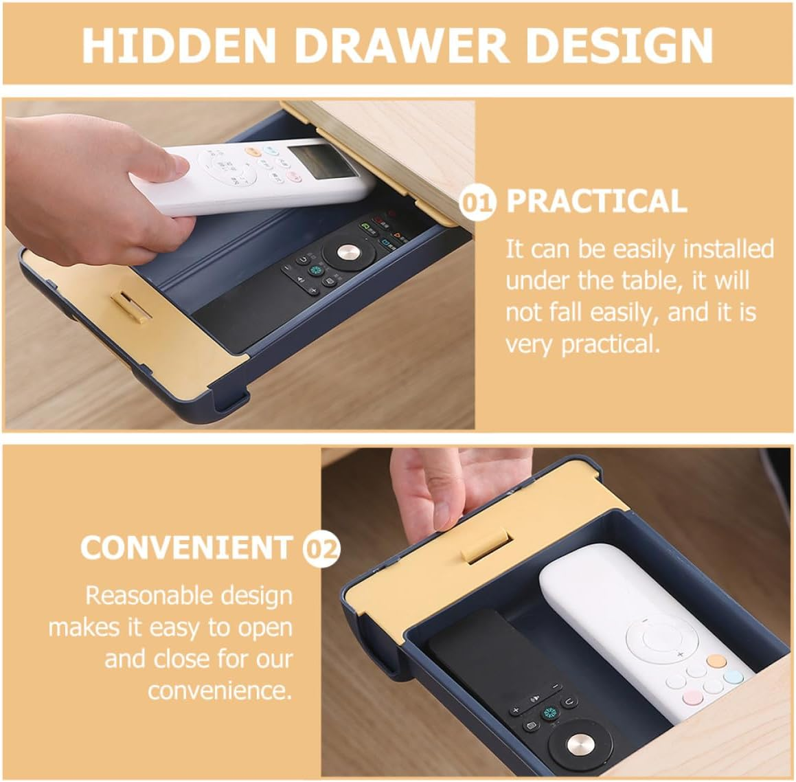 HOMOCONO under Desk Drawer Organizer with Adhesive Hidden under Table Pencil Tray Storage Box for Office Stationery Practical Sticky for Workspace image number 6