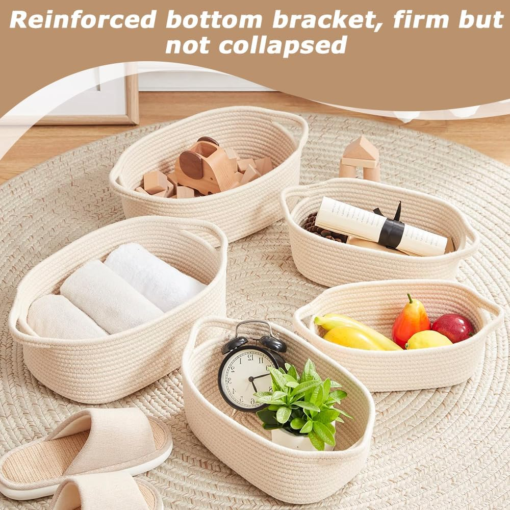 Set of 5 Cotton Rope Woven Storage Baskets &ndash; Decorative Organizer Bins for Baby Nursery, Montessori, Bathroom, Dog & Cat Toys, Entryway, Desk Use image number 2