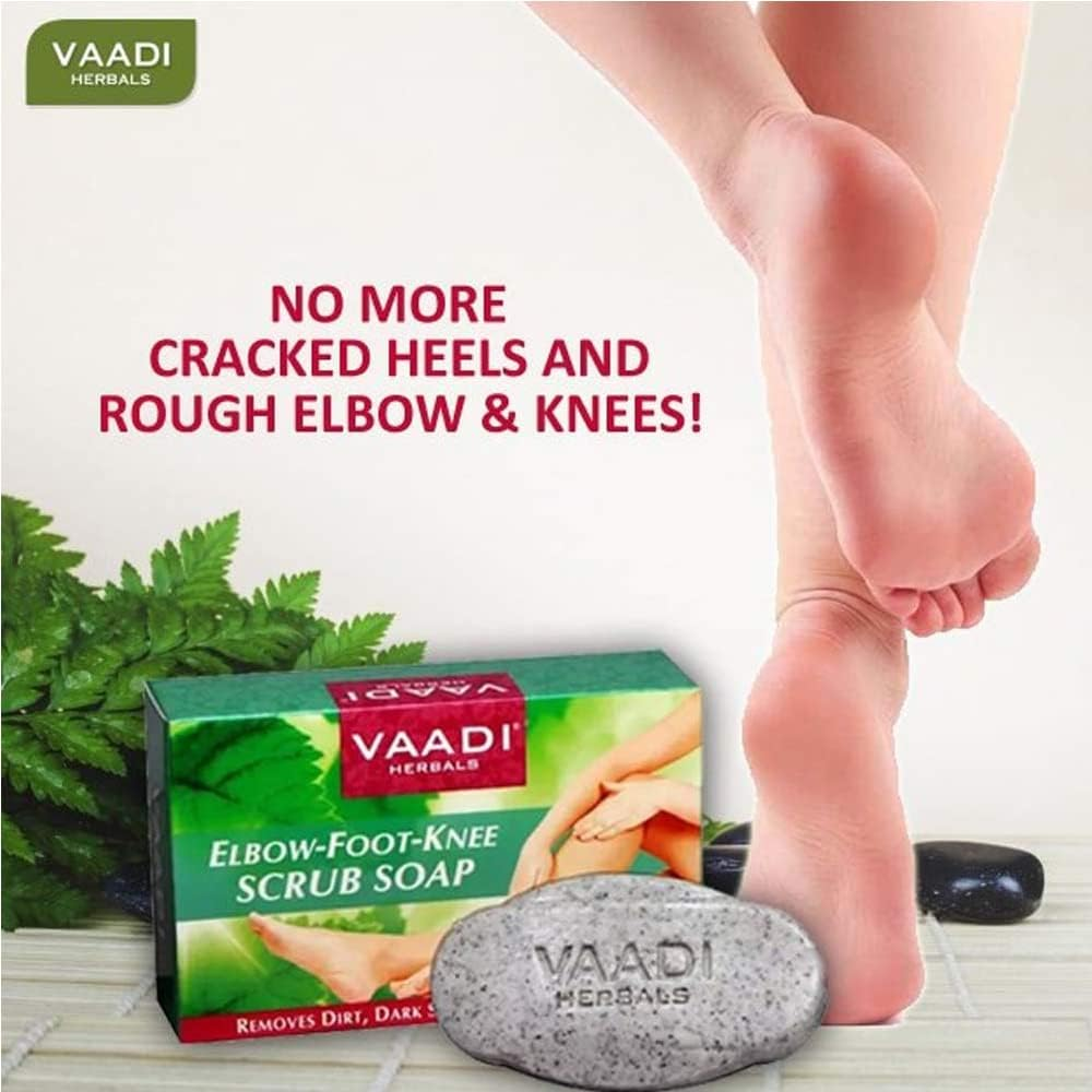 Vaadi Herbals Organic Elbow Foot Knee Scrub Soap (Bar Soap) with Almond and Walnut Scrub Clears Out Dead Skin Cells Making Them Softer, Cleaner Fairer. Also Removes Dark Spots, Blackheads on Hand, Pigmentation on Feet, Dry Patches - 3 X 75 Gm image number 3
