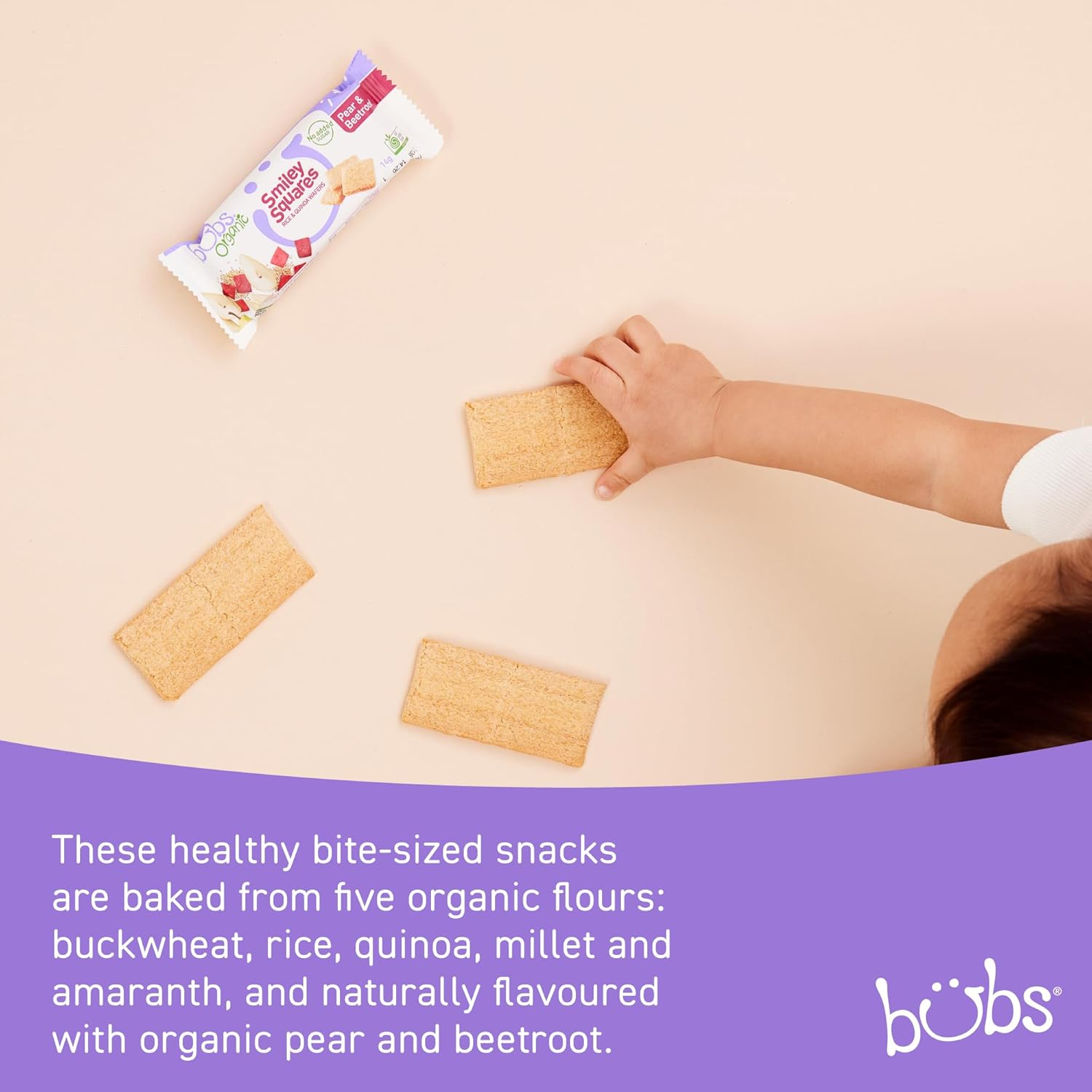 Bubs Organic Pear & Beetroot Smiley Squares, Rice & Quinoa Baby Snacks, for Babies 7+ Months, 14G (Pack of 3) image number 6