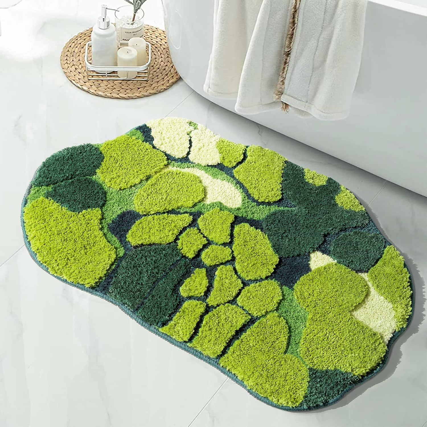 Green Moss Bathroom Rugs Cute Leaf Bath Mat for Bathroom Non Slip Soft Microfiber Water Absorbent Aesthetic Green Bathroom Decor Boho Plush Rug for Shower, 80 * 60Cm