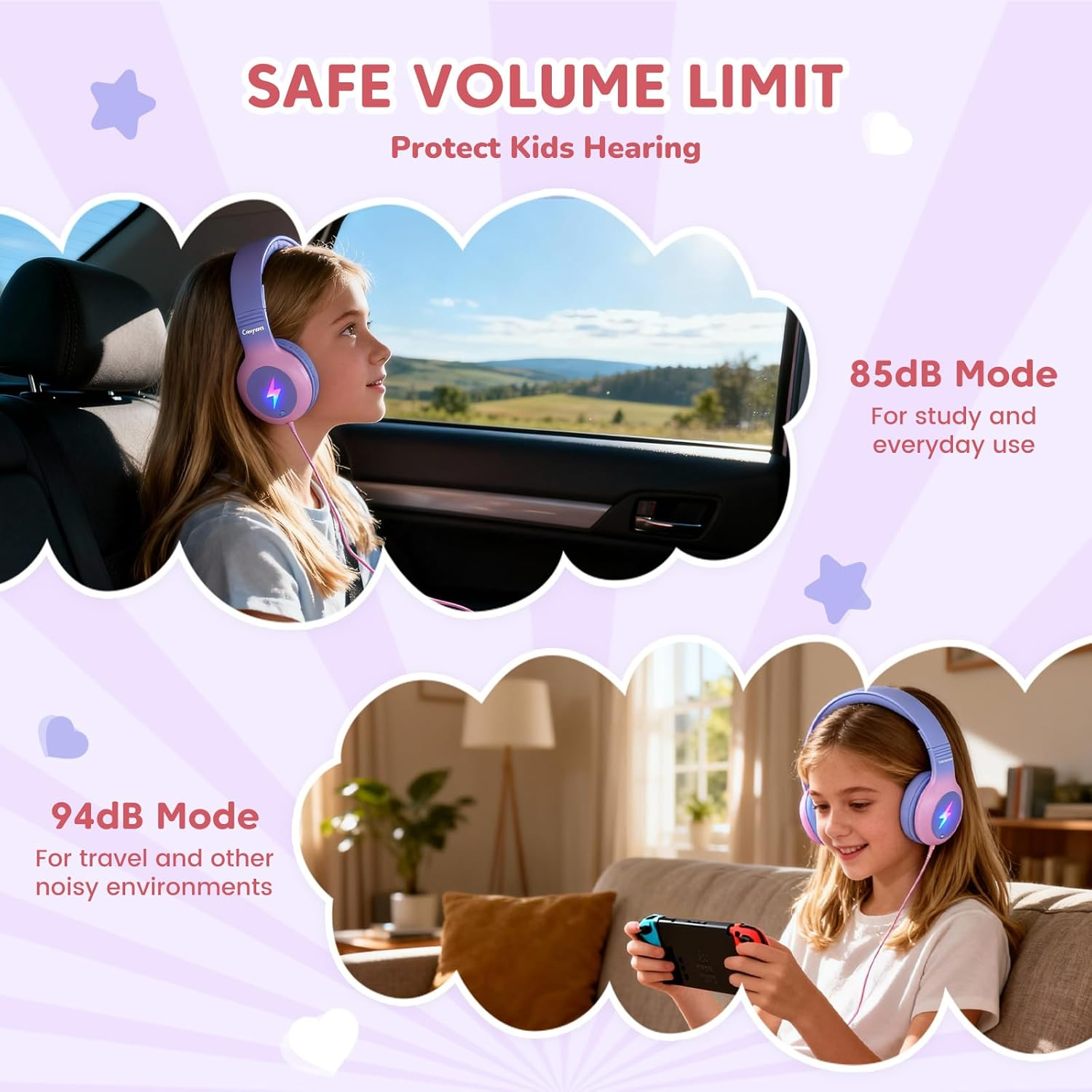 Cowyawn Kids Headphones Wired with Microphone, USB Type C Kid Headphone with LED Lights, 85/94Db Volume Limit, Over-Ear Wired USB C Headphones for Boys/Girls/School/Travel/Ipad, Purple-Pink Gradient image number 3
