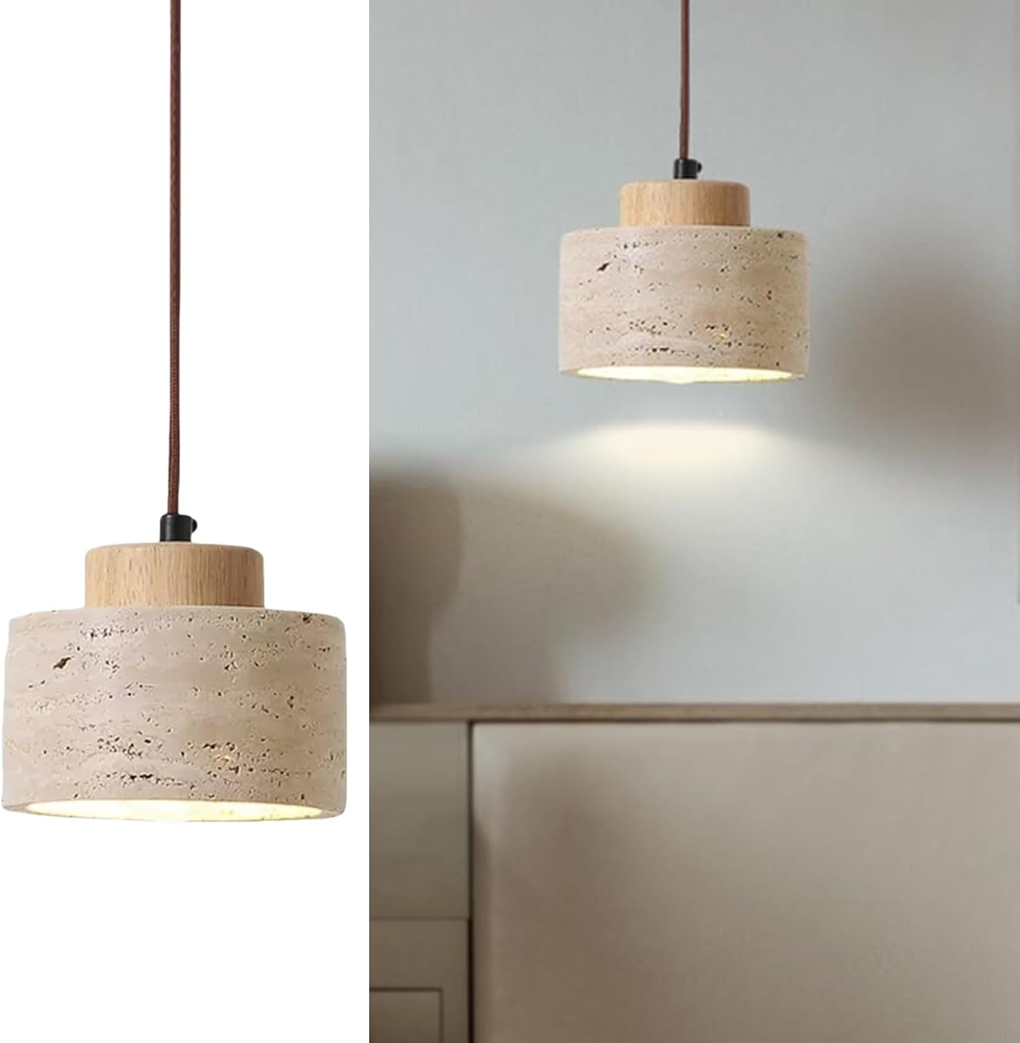 Nordic Pendant Light with Natural Stone Shade and Wood Accents, Cylinder Hanging Ceiling Light for Kitchen Island, Dining Room, Bedroom, Modern Rustic Chandelier (Walnut Color,10X17Cm)