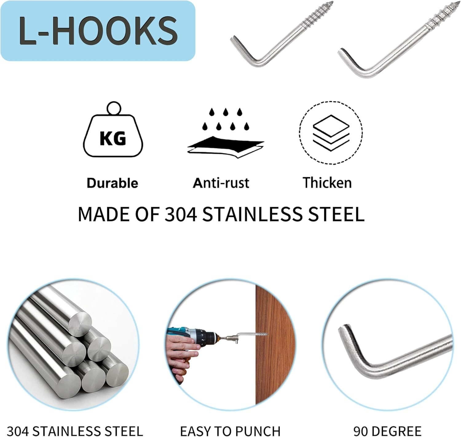 Soimuk 304 Stainless Steel M5 Screw-In Hooks 60 Pcs,7 Shape Screw Hooks,Right Angle Medal Hooks L Shaped Screw in Hooks for Hanging image number 4