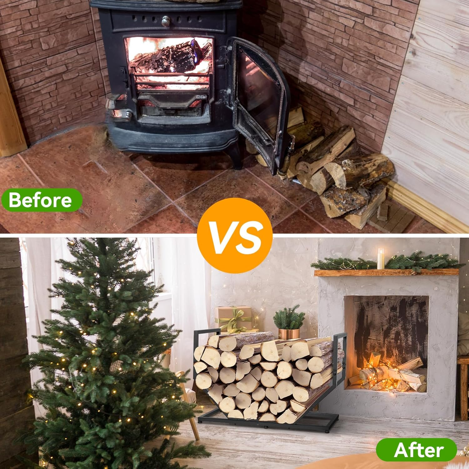 Firewood Rack Outdoor Indoor,31 Inch Firewood Holder,2.58Ft Heavy Duty Metal Firepace Log Holder,Wood Storage Rack with Adjustable Feet,Black image number 6