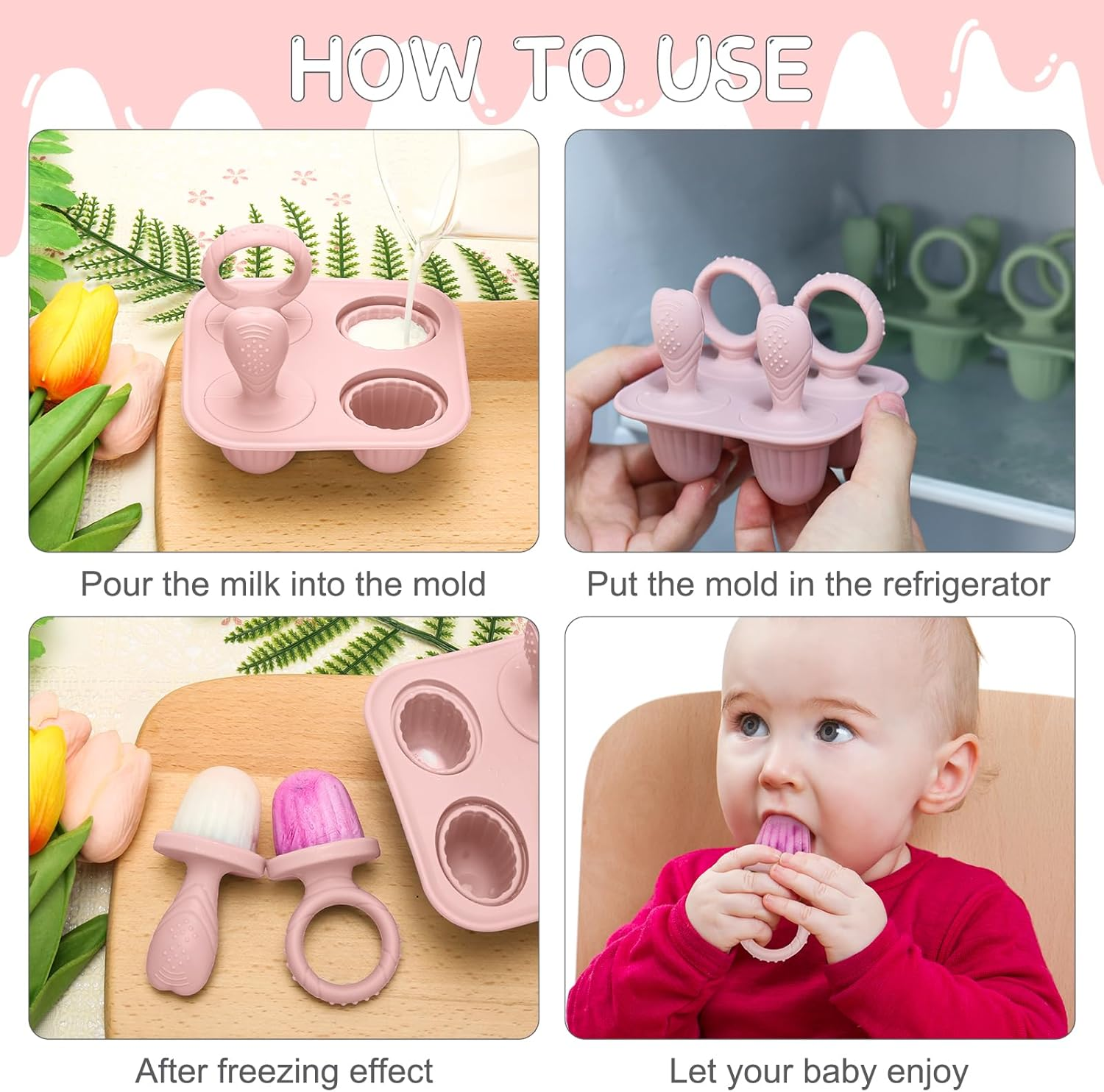 MR.TIMELAG Baby Fruit Feeder & Popsicle Molds 6-In-1 Set - Silicone Teething Mitts, Freezer Trays, Pacifiers & Ice Lolly Makers (Pink Bear + Smiley) - Bpa-Free Infant Feeding & DIY Frozen Treat Kit