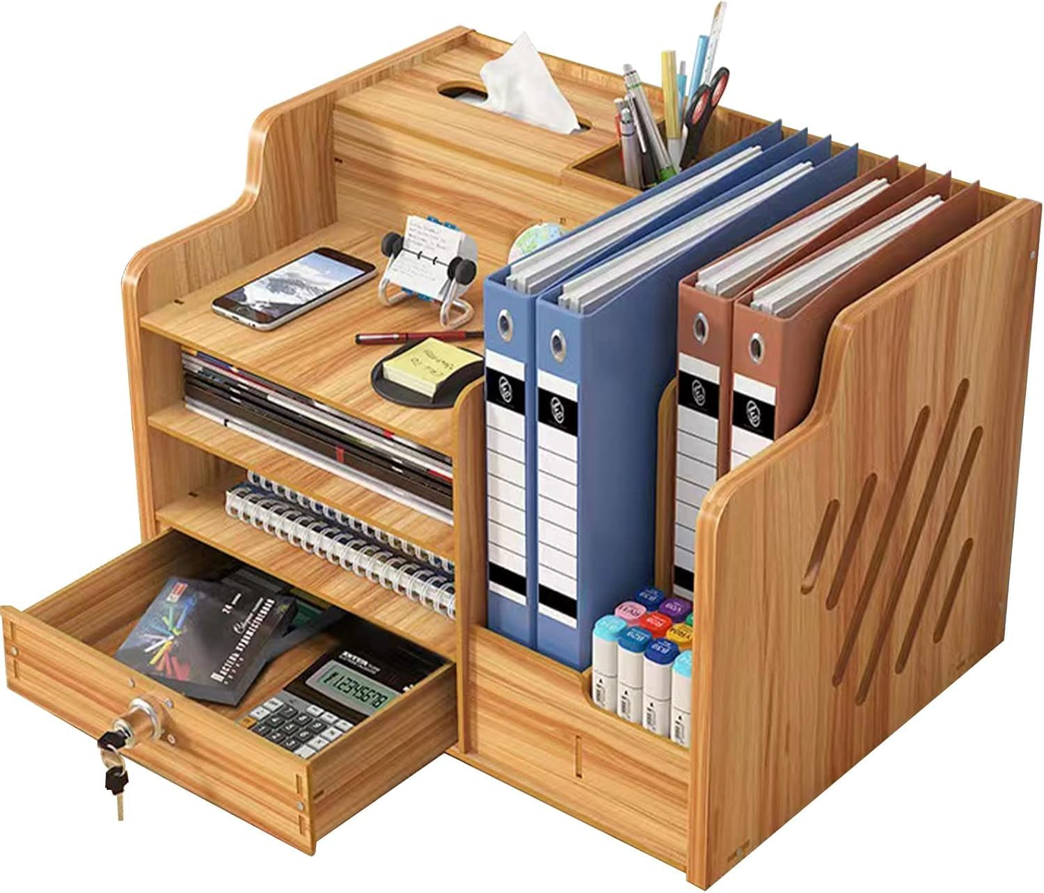 Bamboo Desk Organizer, Desktop Wood Bookshelf File Organizer, Pen Holder and Tissue Holder, 1 Drawer with Lock for Office, Home, Need to Install (Wood Color)