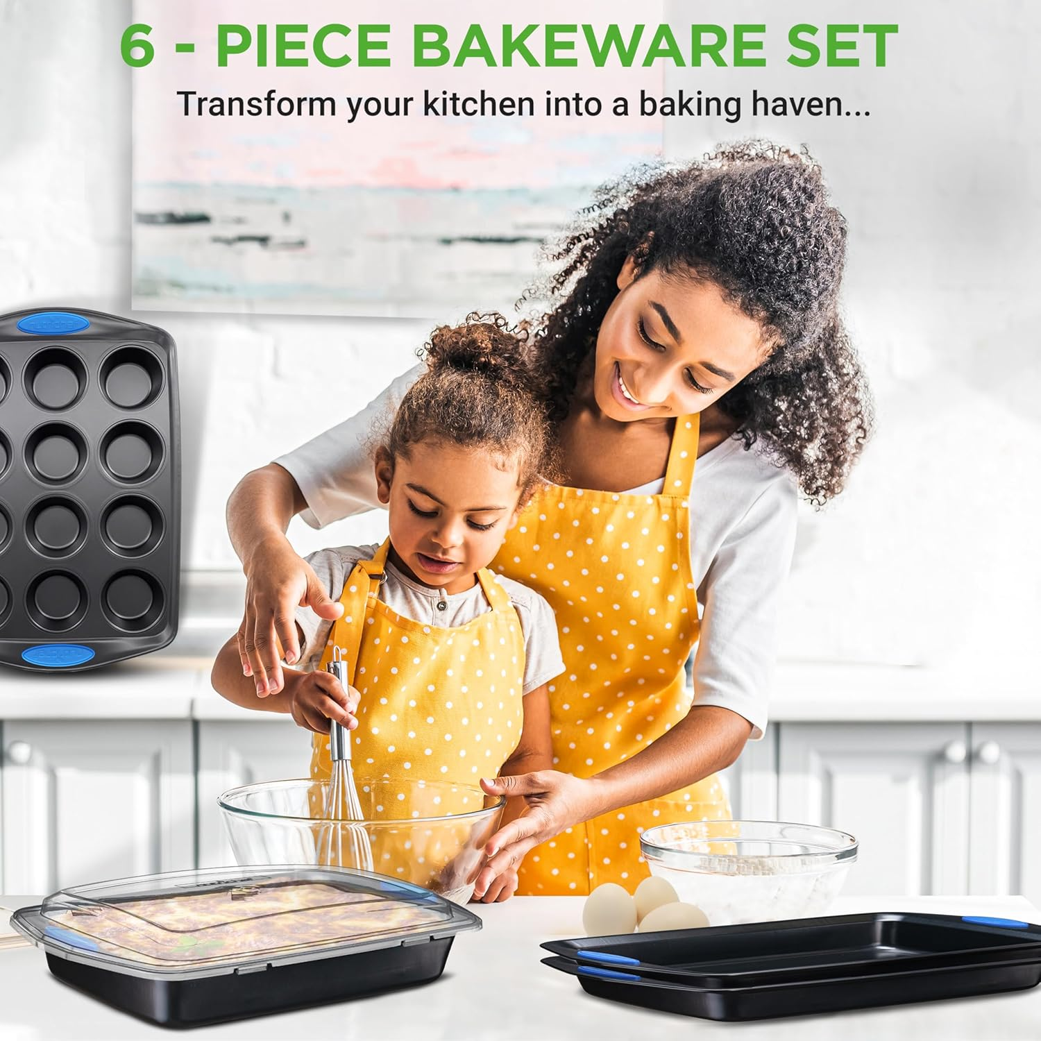 Nutrichef 6-Piece Baking Pan Set - PFOA, PFOS, PTFE Free Flexible Nonstick Gray Coating Carbon Steel Bakeware - Professional Home Kitchen Bake Cookie Sheet Stackable Tray W/Blue Silicone Handles - Gold image number 3