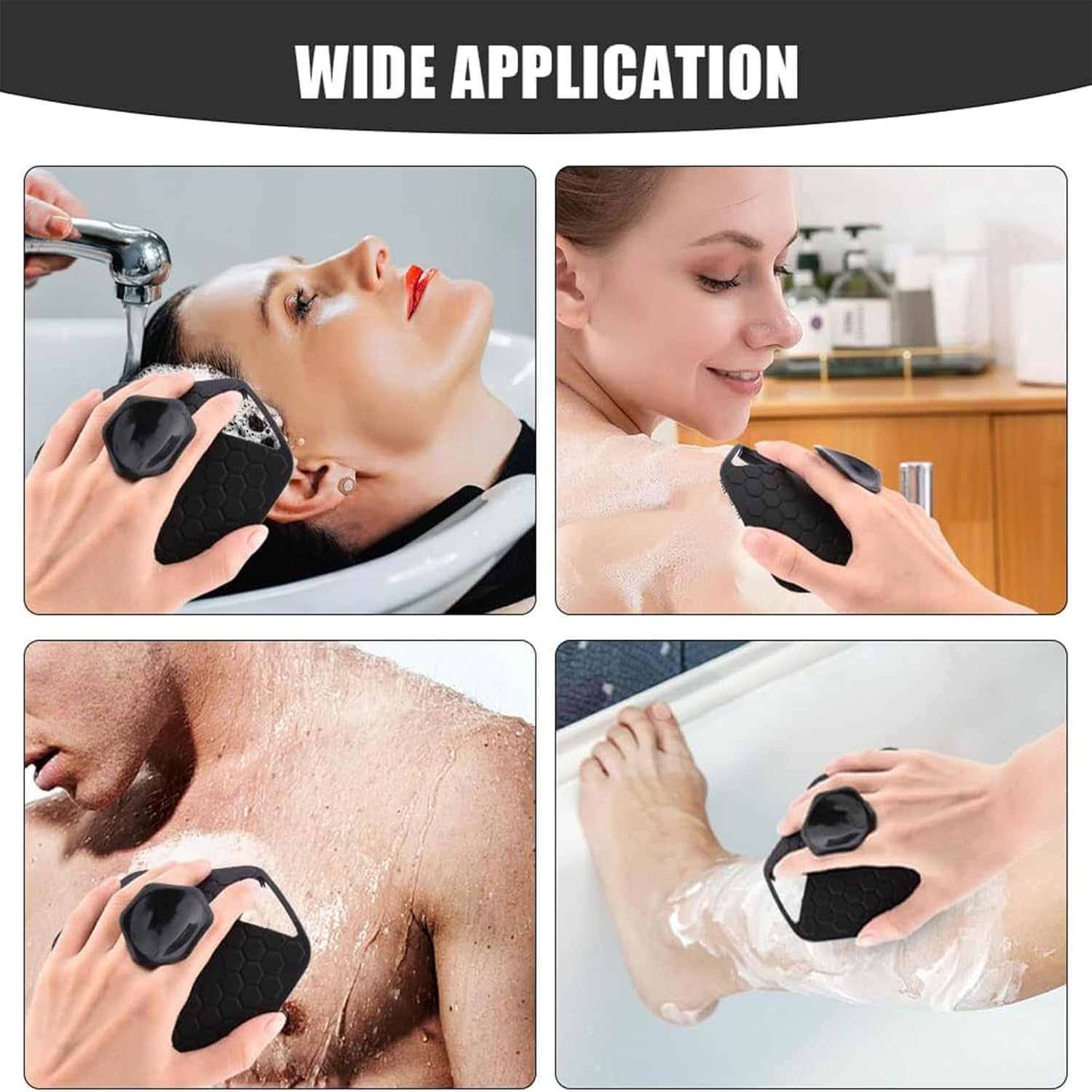 3 in 1 Silicone Body Scrubber Set &ndash; Double-Sided Shower Brush with Long Anti-Slip Handle, Rich Lather Bath Brush with Hook for Men & Women (Black) image number 2