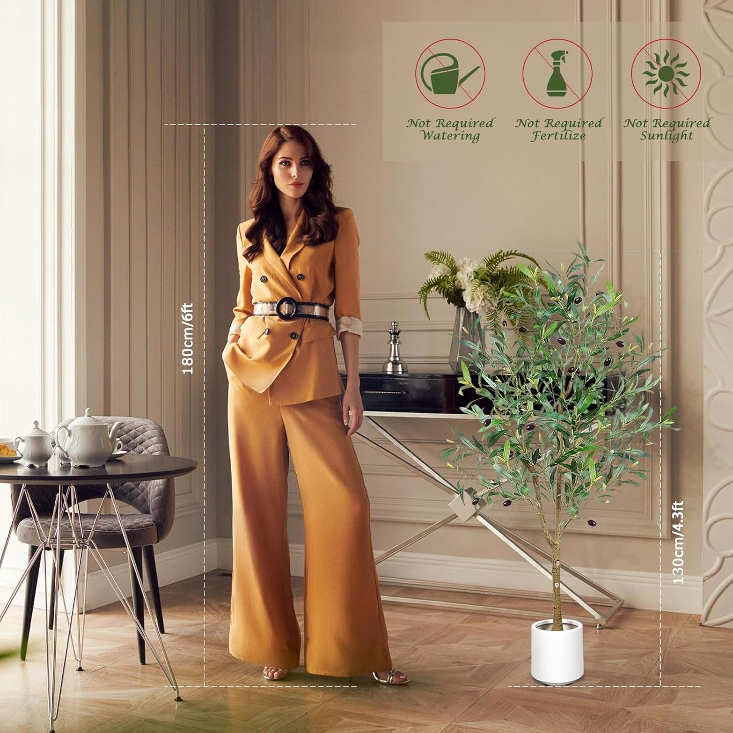 Lenamos Olive Trees Artificial Indoor, Tall Faux Olive Tree with White Tall Planter, Artificial Plants with Natural Wood Trunk and Lifelike Fruits for Home Office Decor (4.3Ft/130Cm) image number 6