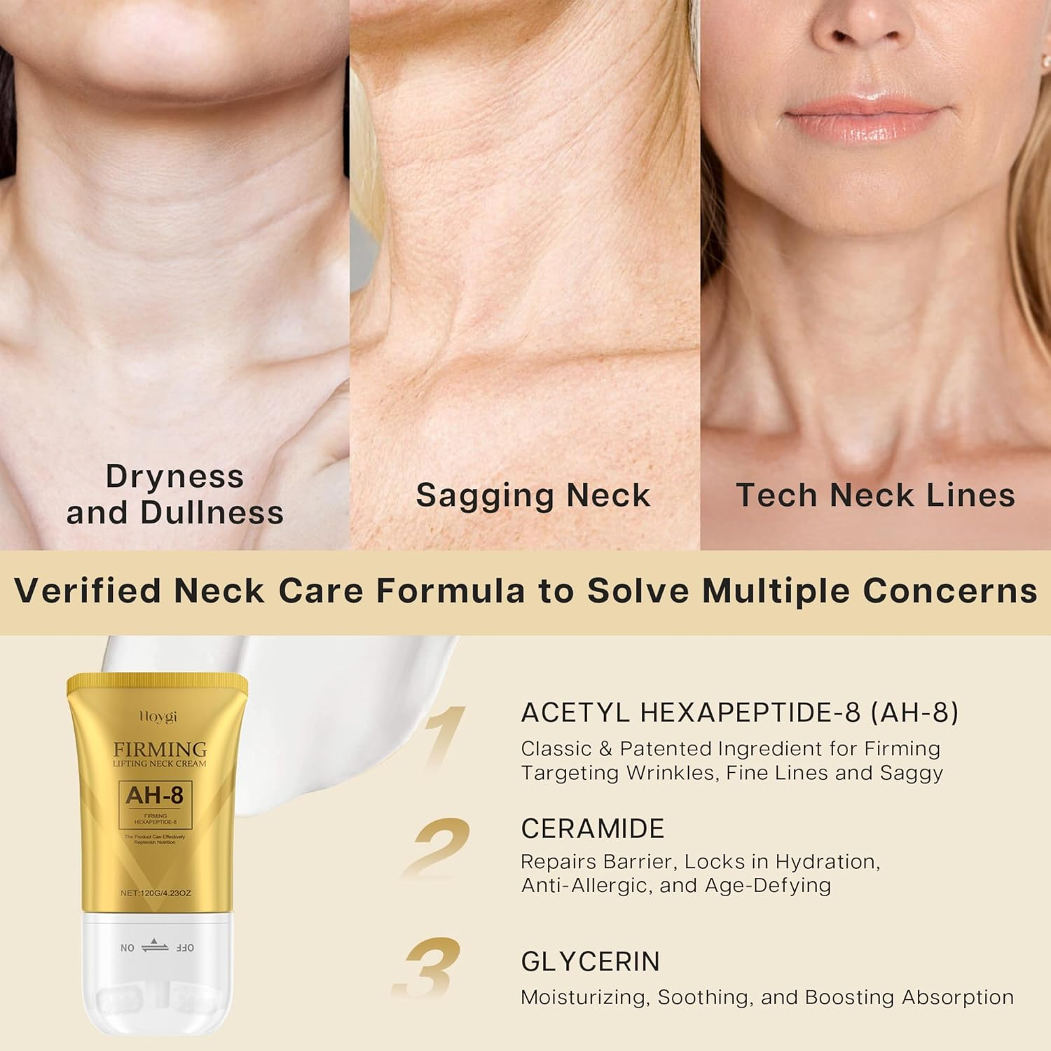 VRAIKO HOYGI AH-8 Firming Neck Cream, 2-In-1 Guasha Neck Moisturizer with Roller Applicator, for Saggy Skin, Double Chin, Face Lifting, 4.23 Oz image number 2