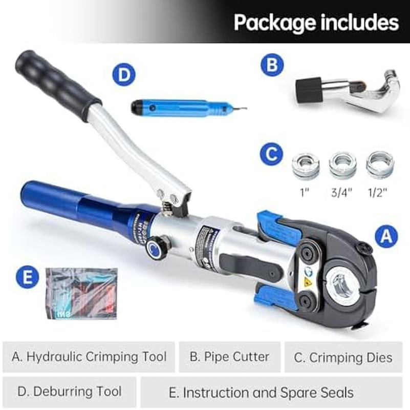 IBOSAD Copper Tube Fittings Hydraulic Pipe Crimping Tool with 1/2 Inch,3/4 Inch and 1 Inch Jaw Copper Pipe Press Crimpers Pressing Pliers,Suit for Narrow Space and Tee Fitting，Hydraulic Drive image number 4