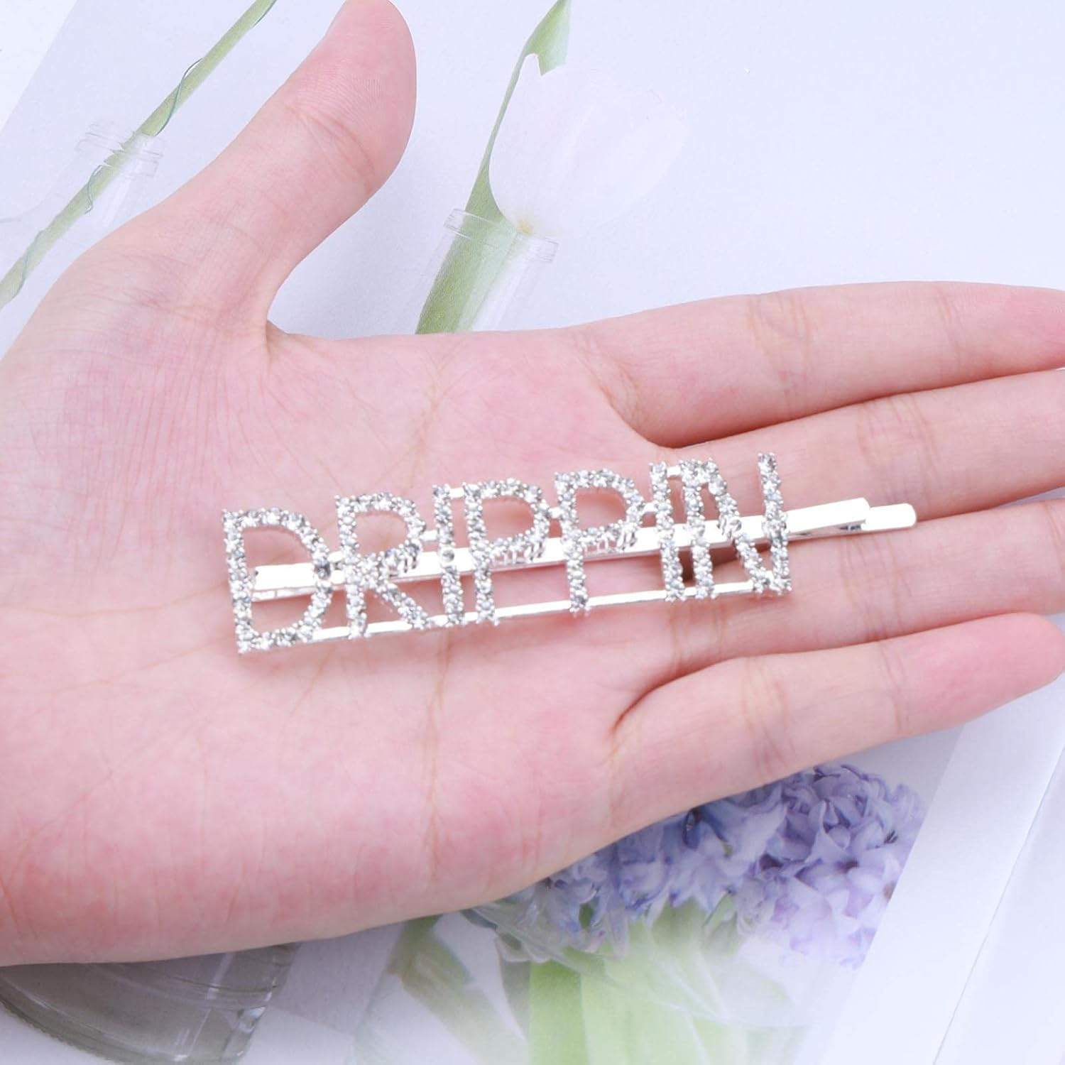 Yheakne Boho Crystal Hair Clip Pin Silver Letter Hairpin Hair Clip Vintage Hair Clips Pins Decorative Bobby Pin Rhinestone Hair Clips Shiny Bridal Hair Accessories for Women and Girls (Drippin) image number 6