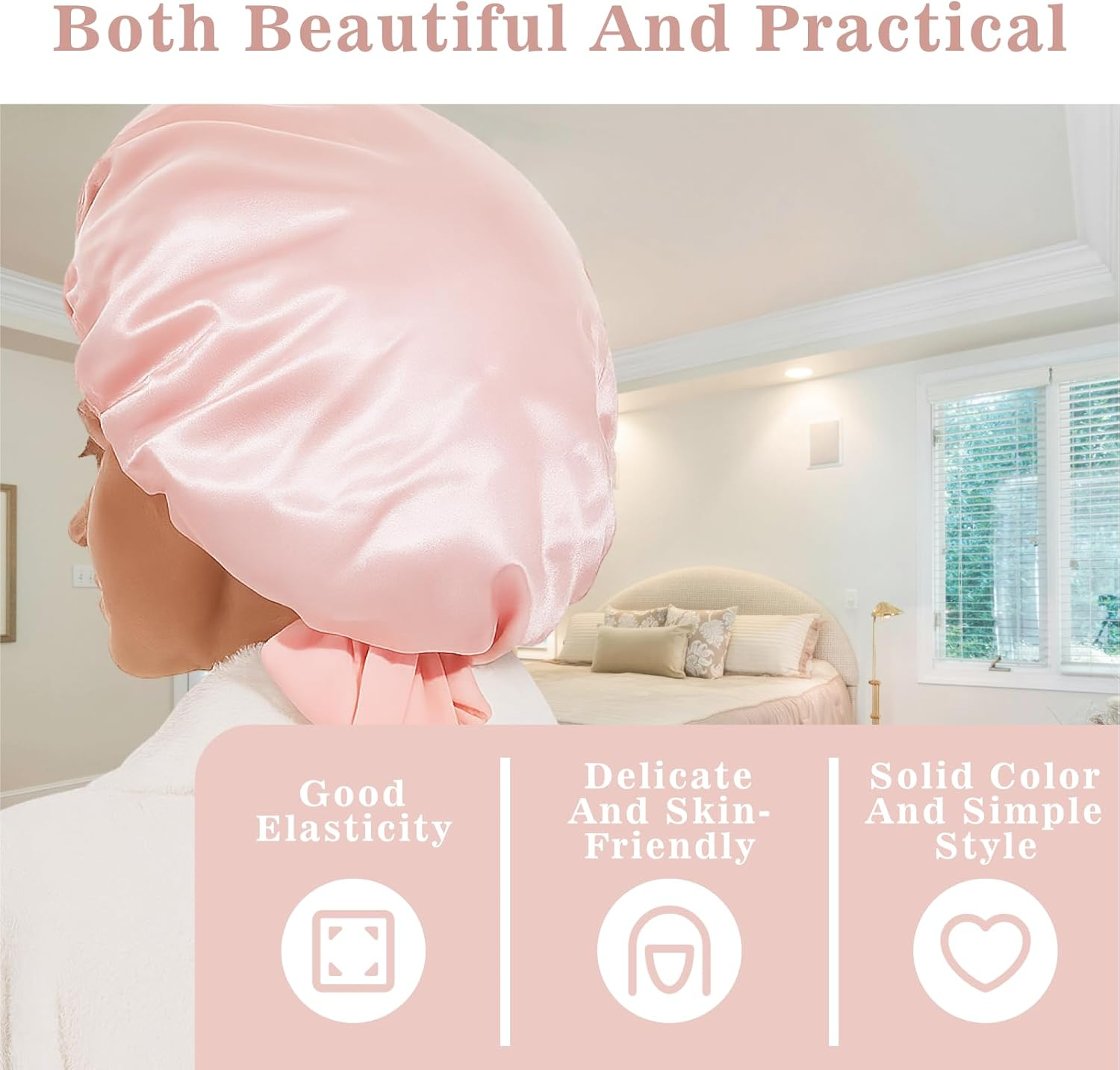 Silk Bonnet for Sleeping, Adjustable Satin Hair Bonnet Sleeping Cap for Curly Hair, Premium Mulberry Silk with Long Tie Band for Protection and Style, Skin Pink image number 4