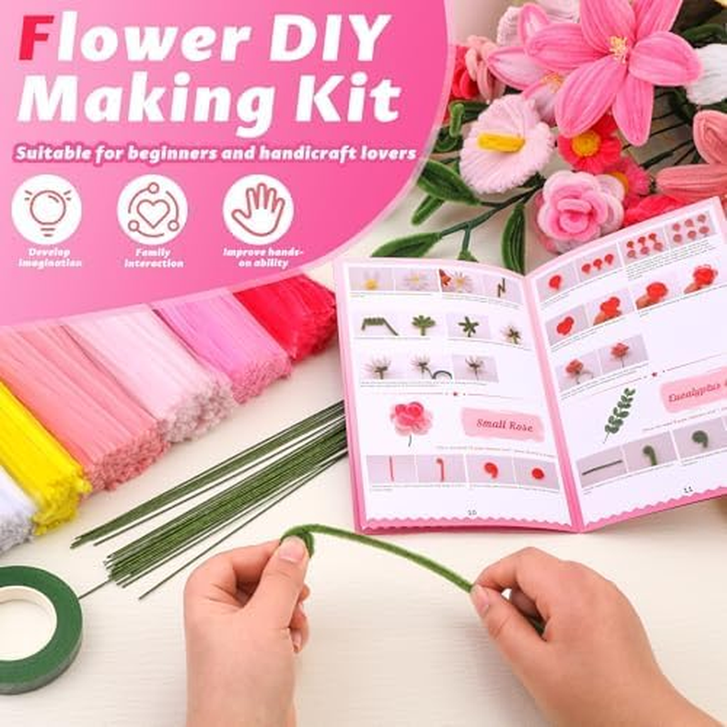 550 Pcs Pipe Cleaner Flowers Craft Kit, 7 Colors Pipe Cleaners Craft Flower Making Kit, Chenille Stems with Tutorial, Bouquet DIY Craft Supplies for Festivals Decorations