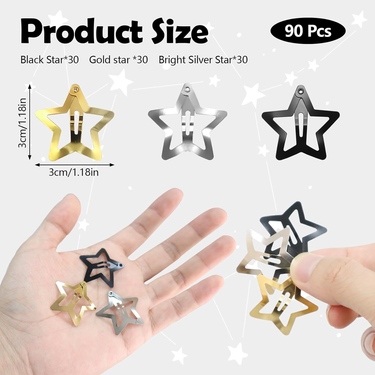 Modixun 90 Pieces 3Cm Star Hair Clips Star Clips 2000S Star Hair Accessories Non-Slip Metal Hair Clips Cute Hair Clips Kawaii Hair Clips for Women (Silver+Gold+ image number 2