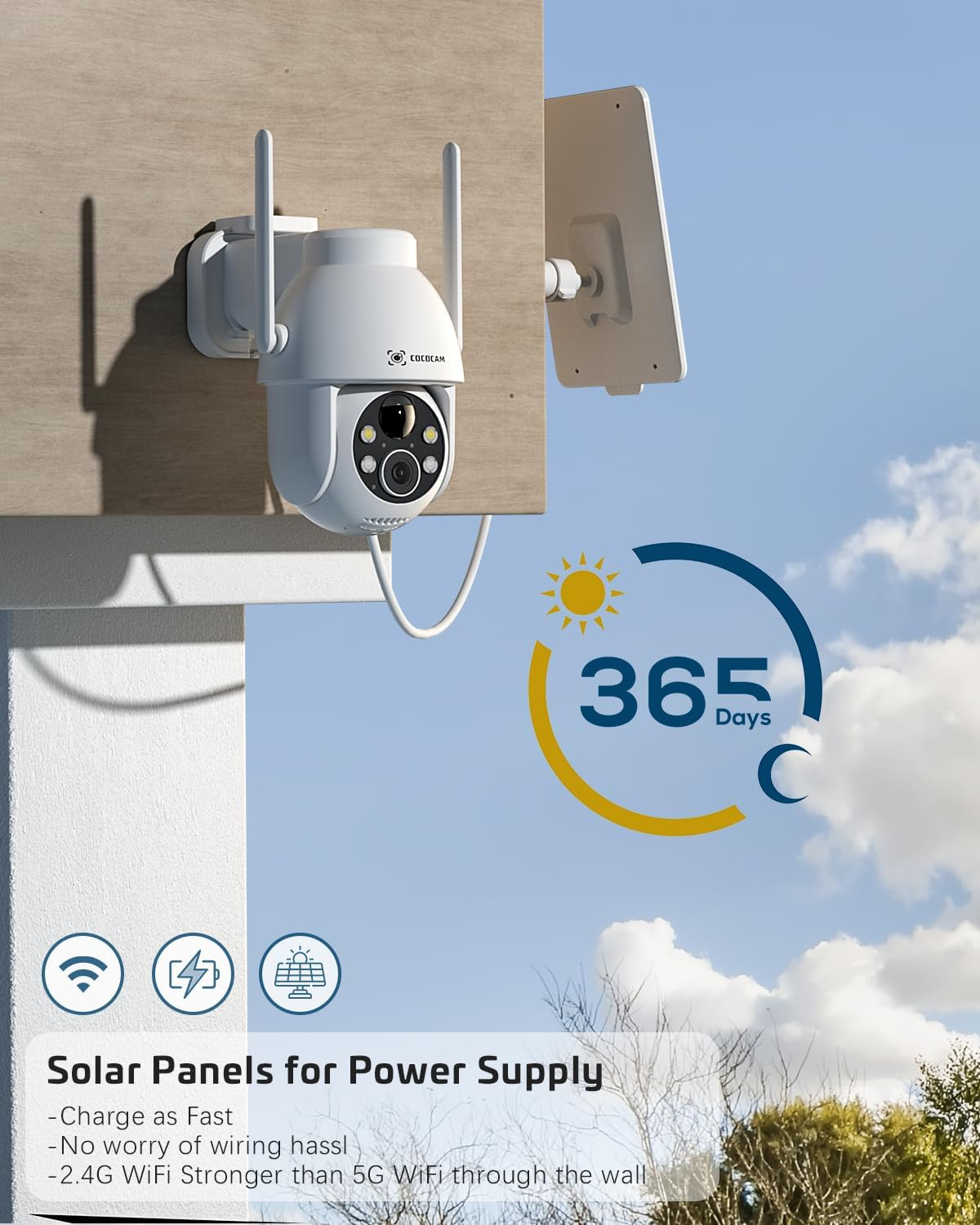 COCOCAM 2PCS Solar Camera Outdoor Wireless, 2K PTZ 2.4Ghz Wi-Fi, Home Security, AI Motion Detection, Color Night Vision, 2-Way Audio, IP66, Cloud image number 6
