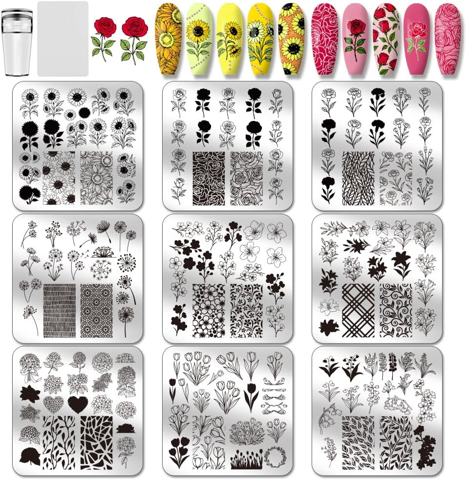 PH Pandahall Pack of 9 Floral Theme Nail Stamping Plates Sunflowers Nail Art Designs Rose Tulip Manicure Art Stencil Bouquet Nails Design Template Leaves Stamp Templates for Women Manicure image number 4