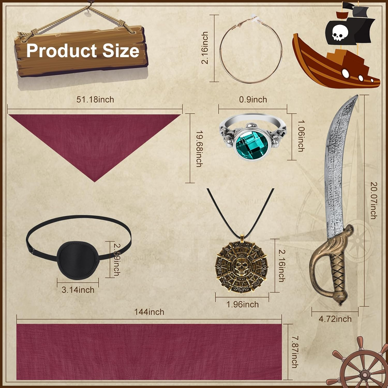 7 PCS Pirate Costume Women Men Kids,Captain Pirate Costume Accessories Set,Halloween Party Cosplay image number 2