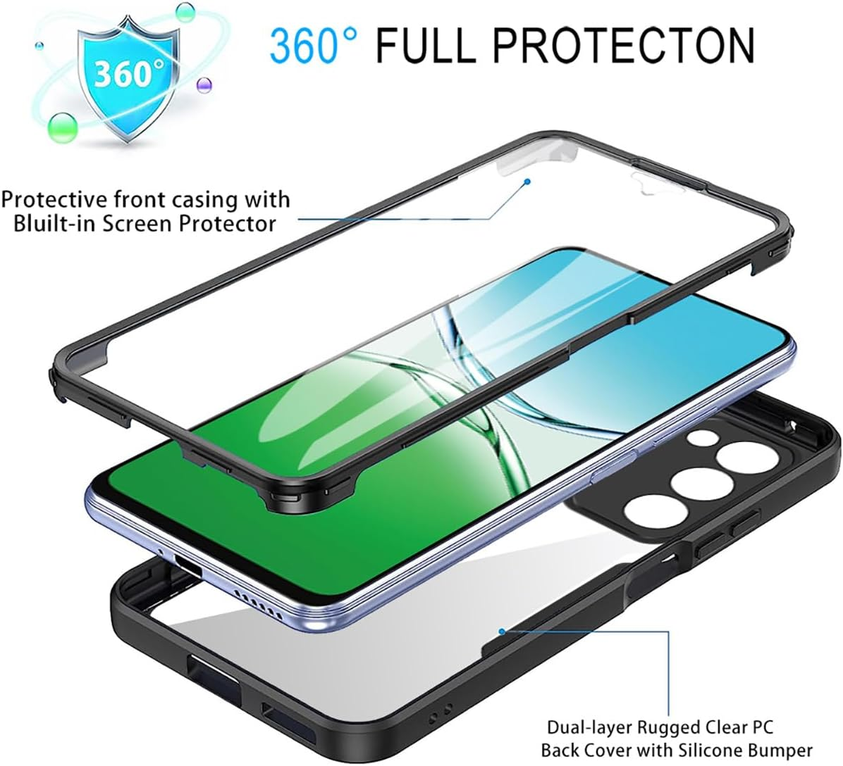 UPLAI Transparent Case for Xiaomi Redmi 15 4G/5G, 360 Degree Full Body Military Grade Shockproof Mobile Phone Case Built-In Screen Protector, Soft TPU Bumper Protective Case, Purple - Green image number 4