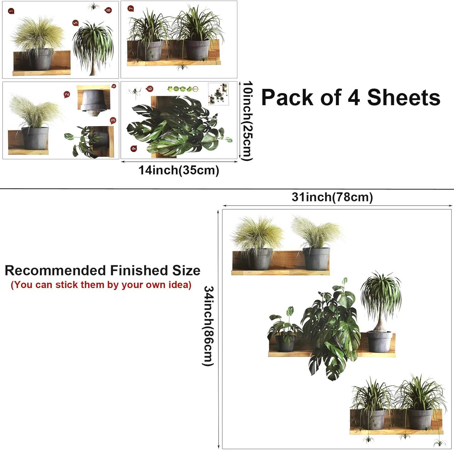 Maydahui Creative Green Pot Plants Leaves Wall Decals 3D Bonsai Tropical Plant Wall Sticker (34 X 31 Inch) Peel & Stick Removable Nature Art Mural Decor for Office Home Living Room Bedroom image number 3