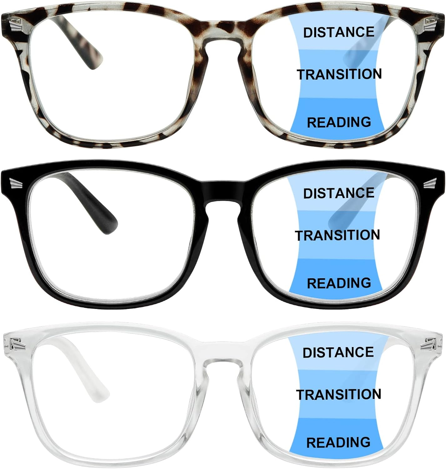 3 Pack Progressive Multifocus Reading Glasses Blue Light Blocking Men Women Spring Hinges Square Computer Readers