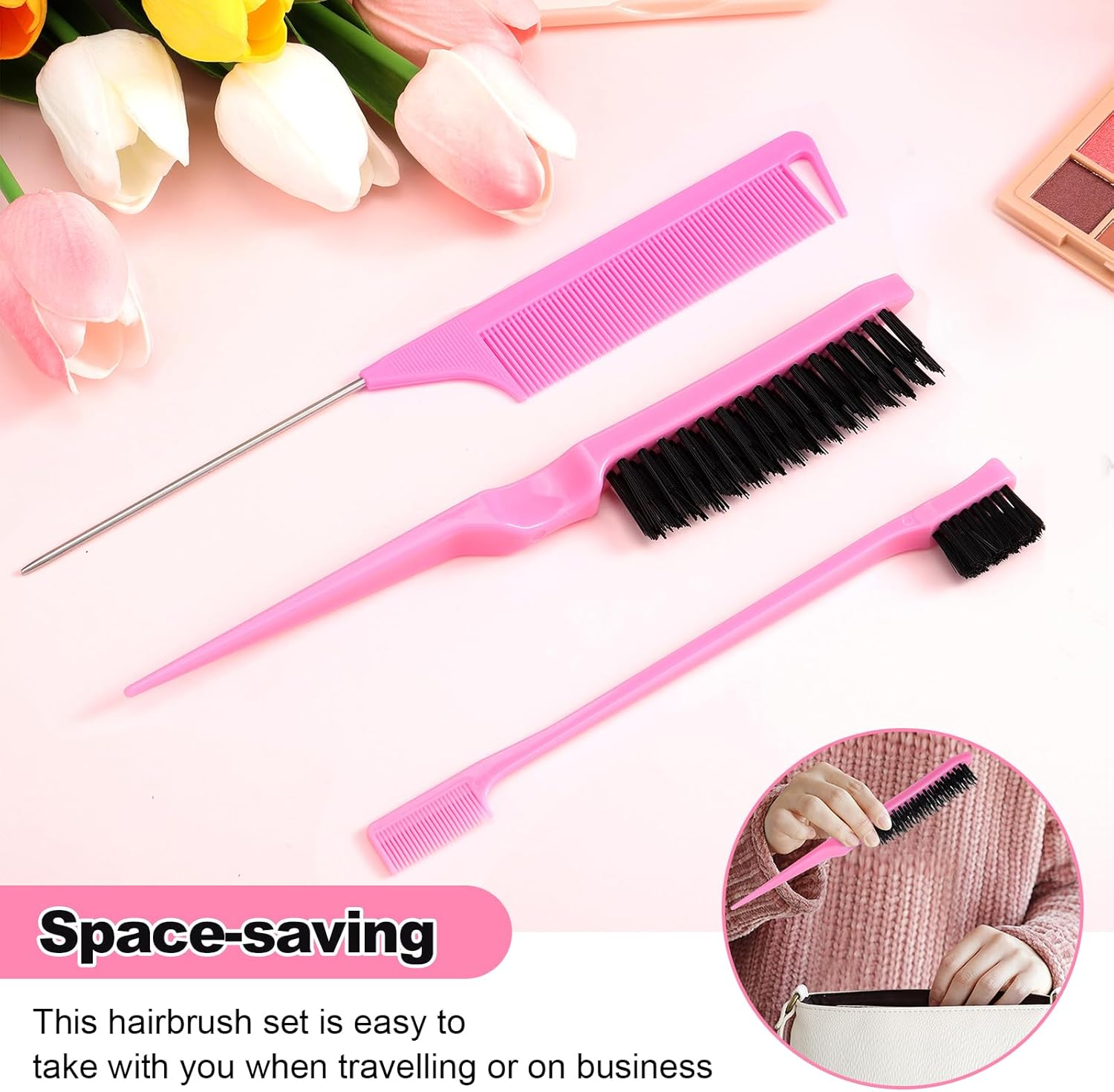 Hongien Sleek Bun Brush Edge Brush Rat Tail Comb Teasing Hair Brush Toupee Brush Baby Hair Suitable Sleek Braid Set for Hairdressers Women Baby Children Pack of 3 image number 2