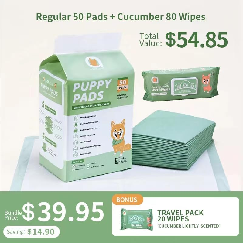 Puppy Training Essentials Bundle:Regular Puppy Training Pads with Bamboo-Based Compostable Pet Wet Wipes(80 Large Wipes)+Travel Pack Pet Wet Wipes(20 Regular Wipes) (50 Large Pads +100 Wipes Cucumber) image number 3