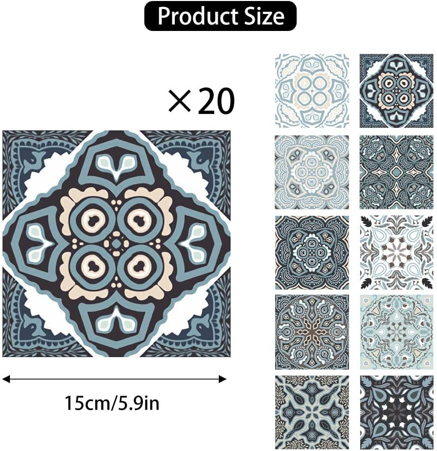 20 Pieces Moroccan Peel and Stick Self Adhesive Tile, Tile Stickers Decals, Removable Decorative Tile Stickers, Waterproof Backsplash Tile Stickers for Kitchen Bathroom image number 3