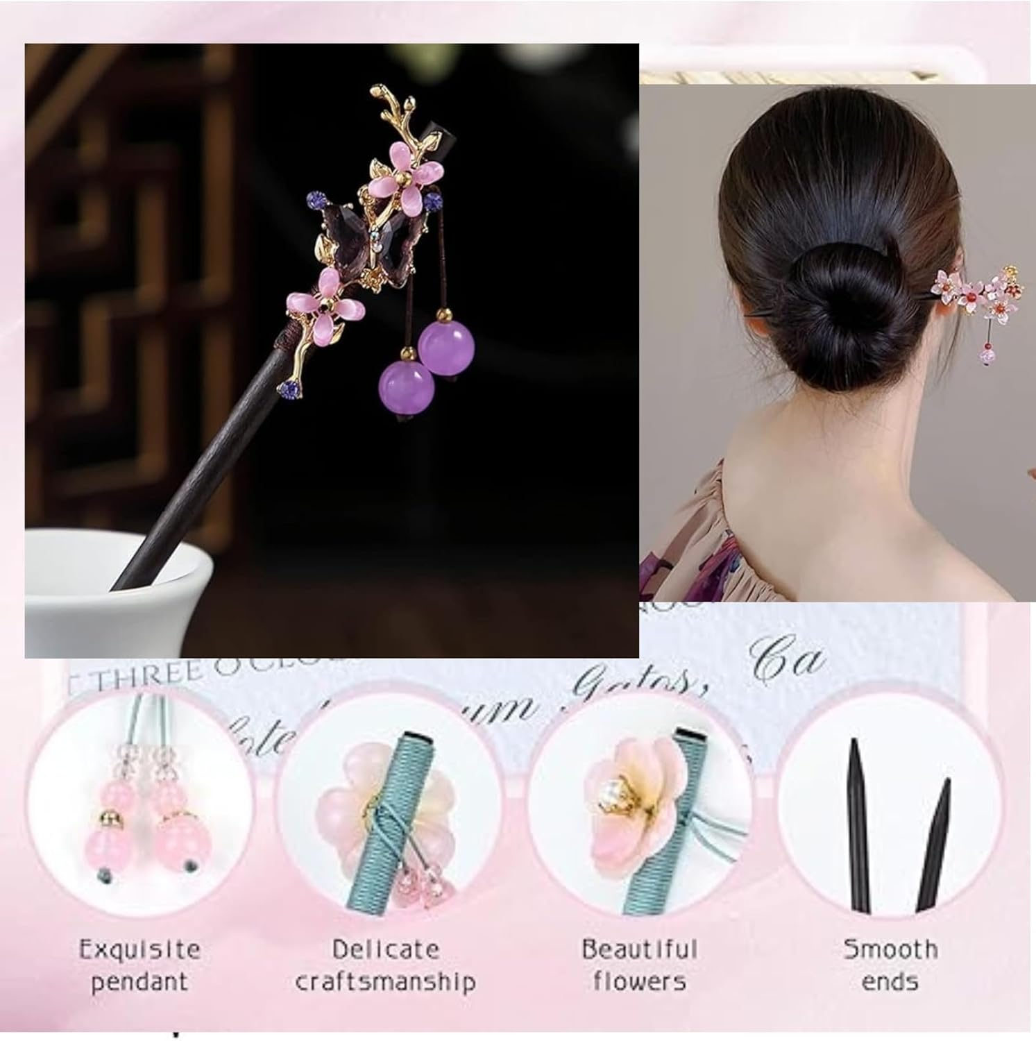 Auswalar 3 PACK Wooden Hair Sticks Chinese Traditional Flower Hair Sticks with Bead Vintage Wooden Vintage Asian Hair Pin Japanese Kanzashi Handmade Headpiece for Women Girls image number 3