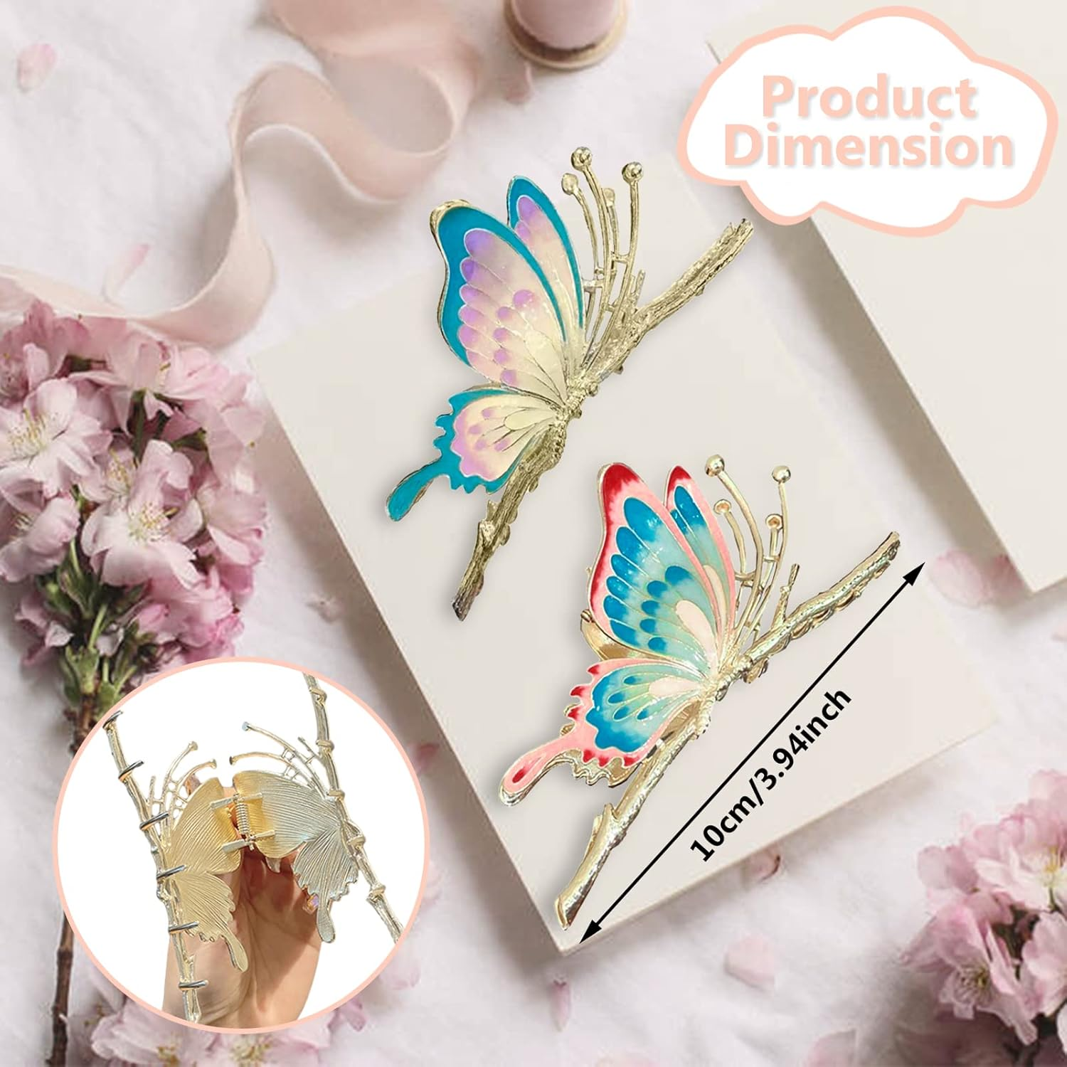 Itingstere Butterfly Hair Claw Clips for Women,2Pcs Large Non-Slip Strong Metal Butterfly Hair Clips Sparkly Hold Hair Jaw Clips Cute Hair Claws Big Butterfly Clips Cute Hair Clips Headwear Gifts - Butterfly-Rhinstone-2 image number 3