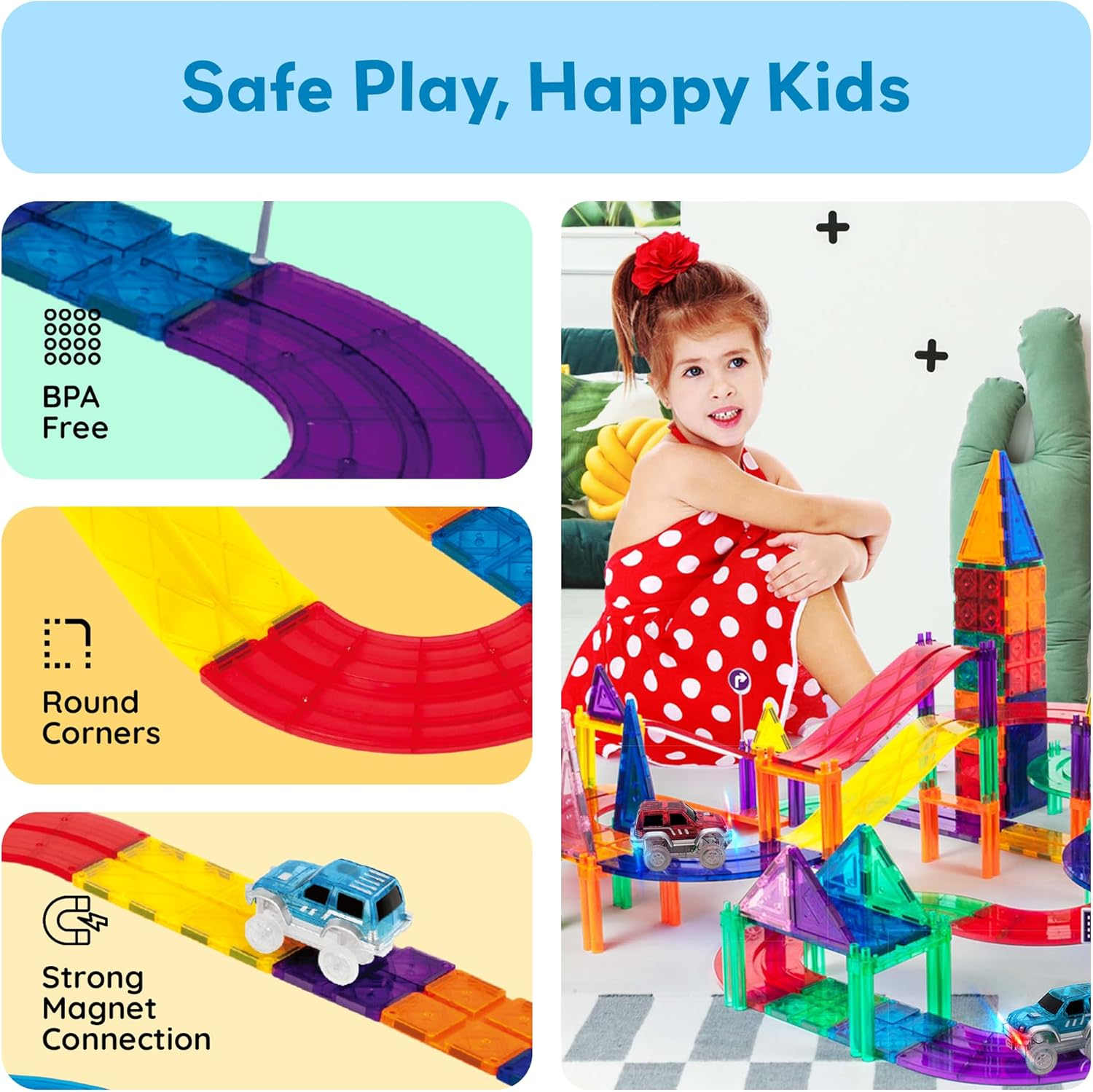 Picassotiles 50 Piece Race Car Track Building Block Educational Toy Set Magnetic Tiles Magnet DIY Playset 2 Light up Car STEM Learning Construction Kit Hand-Eye Coordination Fine Motor Skill Training image number 5