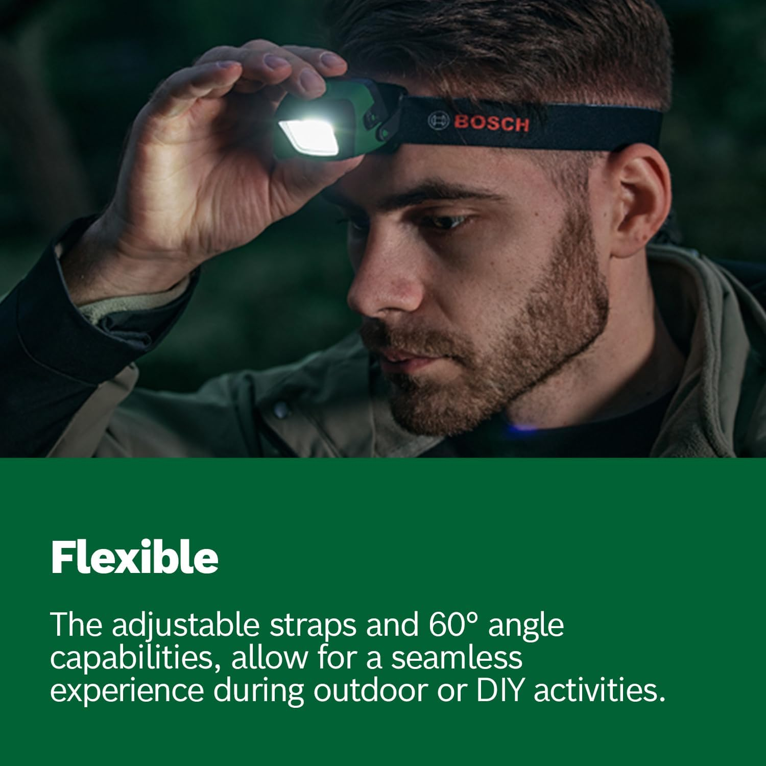Bosch LED Head/Stand Lamp, without Batteries, 190 Lm Intensity, 28M Lighting Reach, 60&deg; Angle Adjustment, Triple Brightness Settings, IPX 4 Water-Resistant, DIY & Outdoor Use (Headlamp)