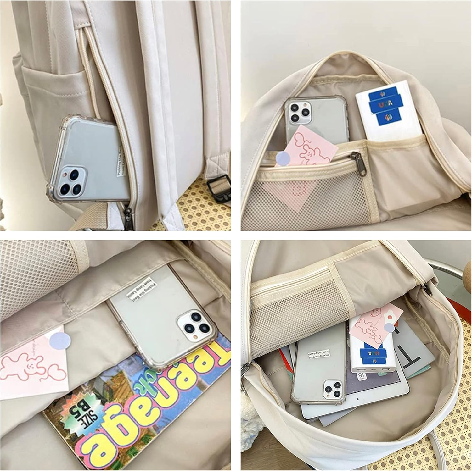 MININAI Preppy Backpack with Plushies Cute Backpack Light Academia College Backpack Solid Aesthetic Rucksack for Travel image number 1