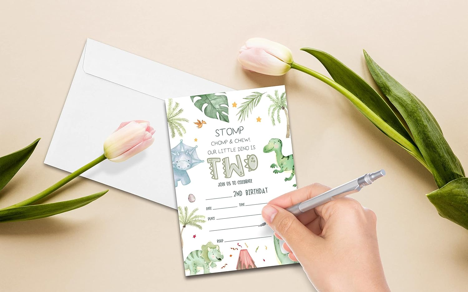 2Nd Birthday Party Invitations for Boys or Girls, Dinosaur Theme Birthday Parties Supplies Decorations, Tropical Dino Theme Fill-In Invites, 4" X 6" Double-Sided Cards(20 Invitations and Envelopes)-C09 image number 1