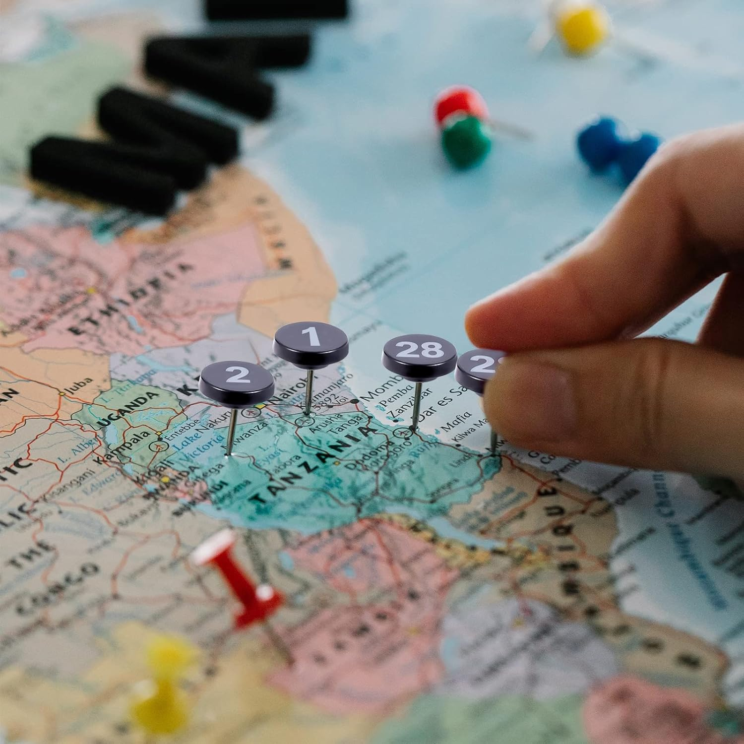 SAVITA 100Pcs Number Push Pins, Black Pins Plastic Flat Head Thumb Tacks with White Number from 1 to 100 for Maps Presentations Photos Posters Gallery Exhibits image number 2