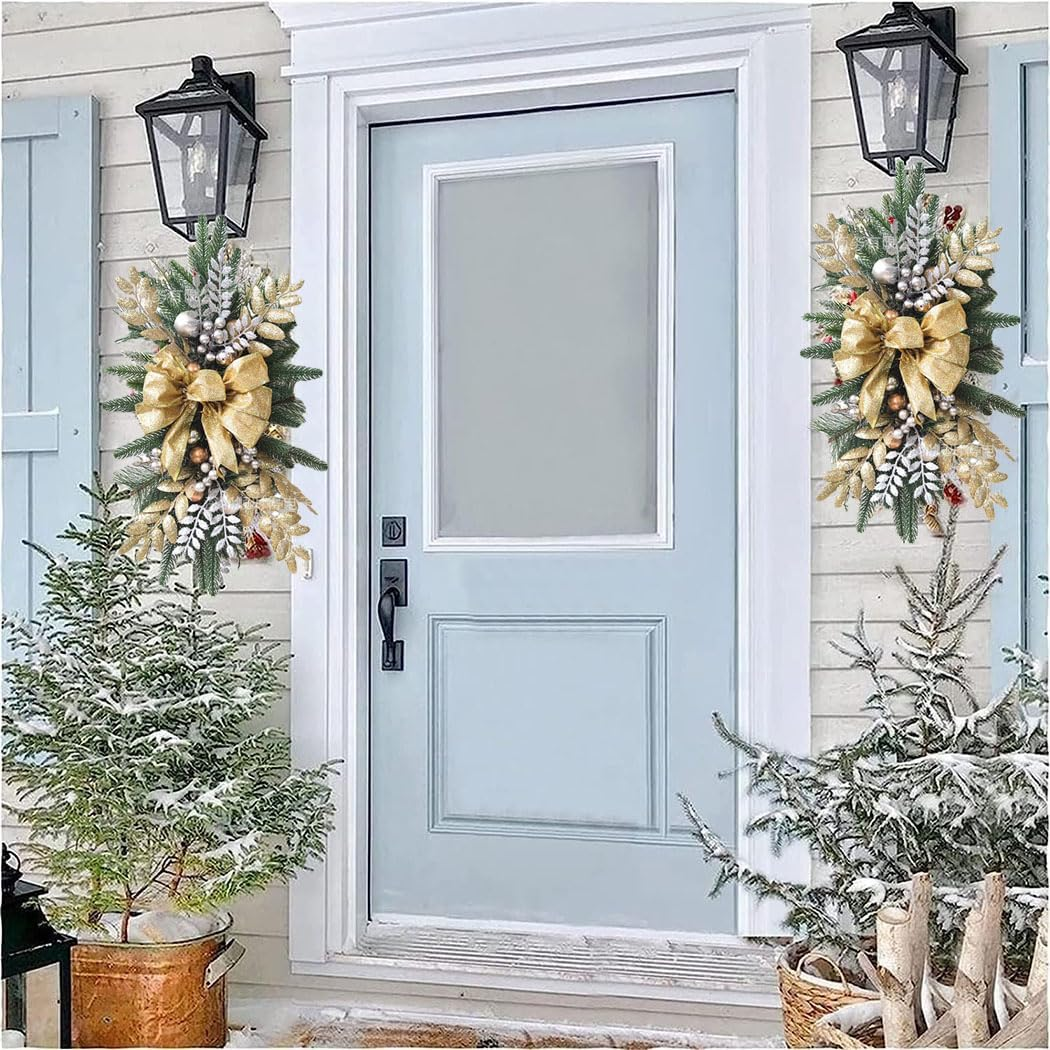 Cordless Pre-Lighting Stair Decoration, Christmas LED Wreath for Indoor Outdoor Home Christmas Front Door Holiday Wall Window Ornament (Gold) image number 1