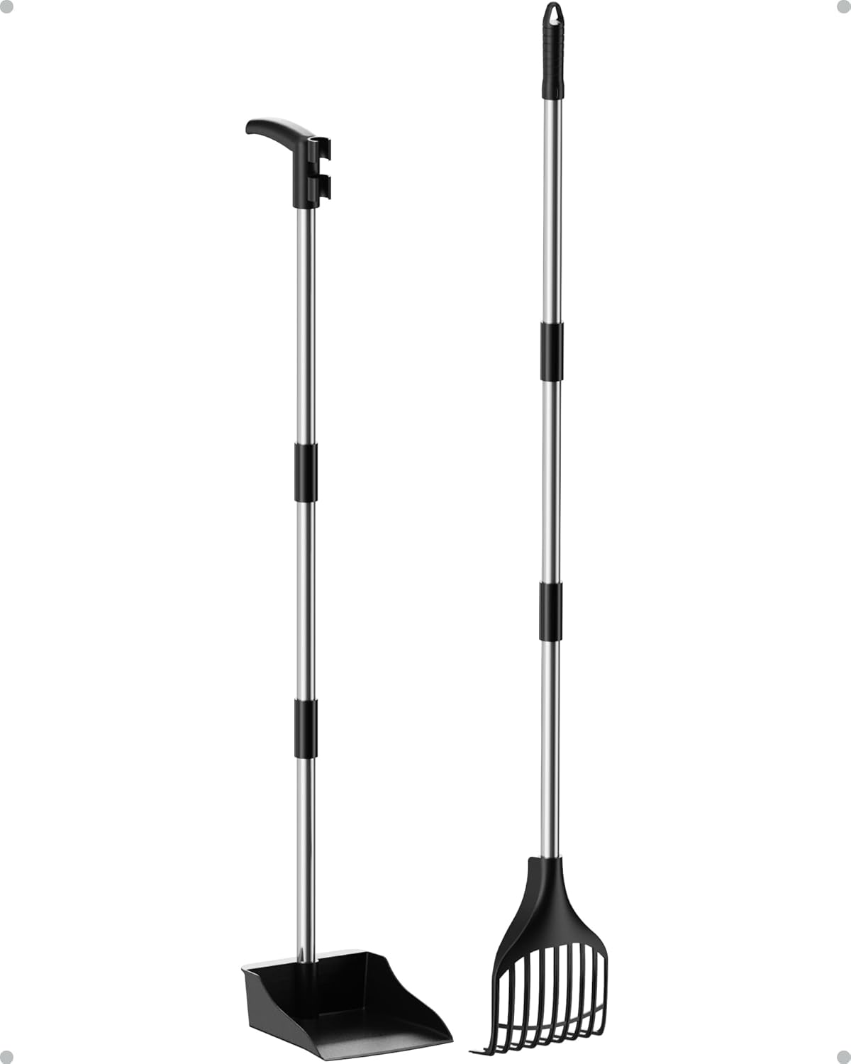 Lifewit Dog Pooper Scooper Plastic, Adjustable Stainless Metal Pole Long Handle Poop Scoop Set with Rake and Tray for Lawns, Yard, Grass image number 1
