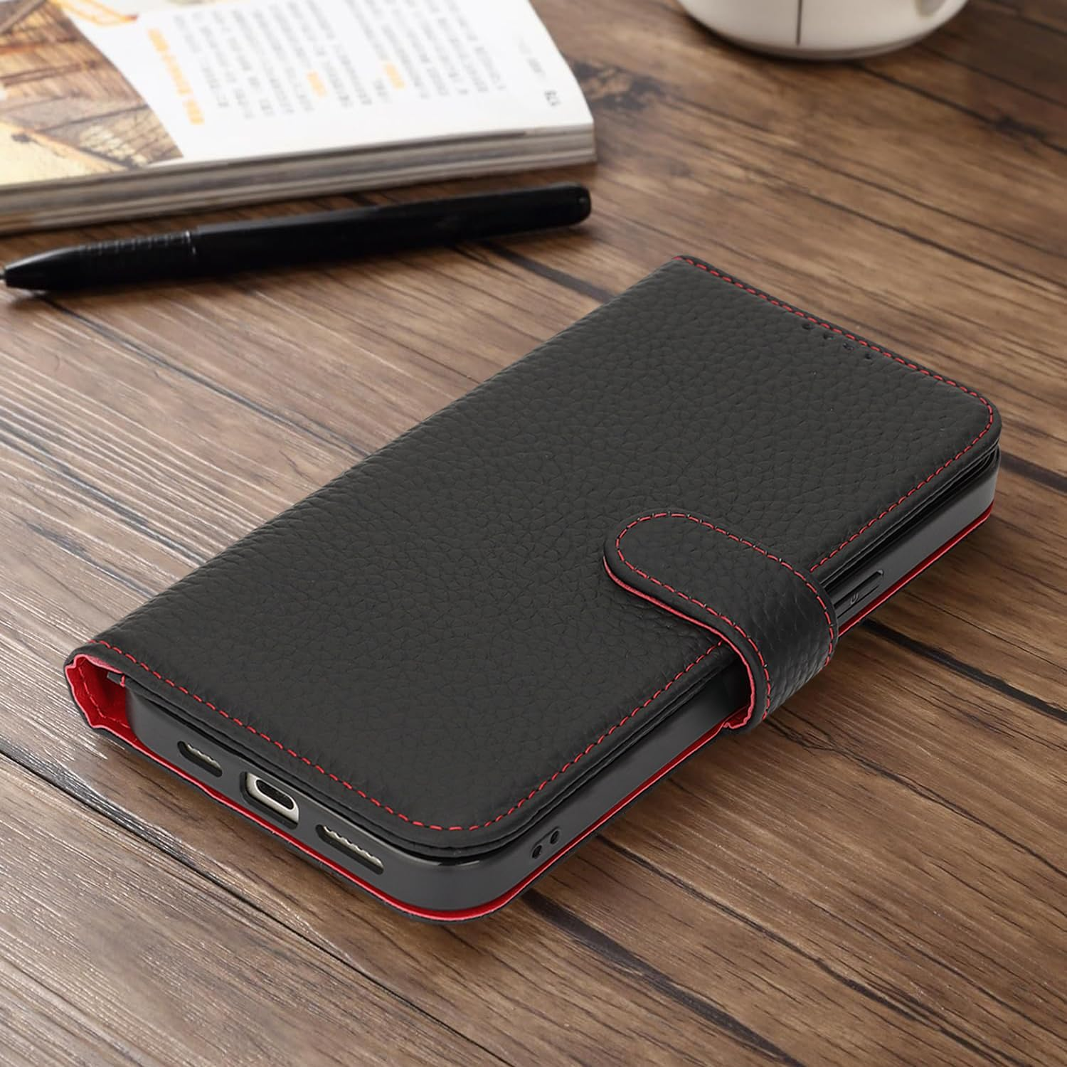 For Iphone 16E Case Genuine Leather Wallet for Iphone16E I16E Sunyoo Case Folio Porte Feuille Coque &Eacute;tui Funda Portefeuille Femmes Homme RFID Blocking Magnetic Book Flip Cover Black Red