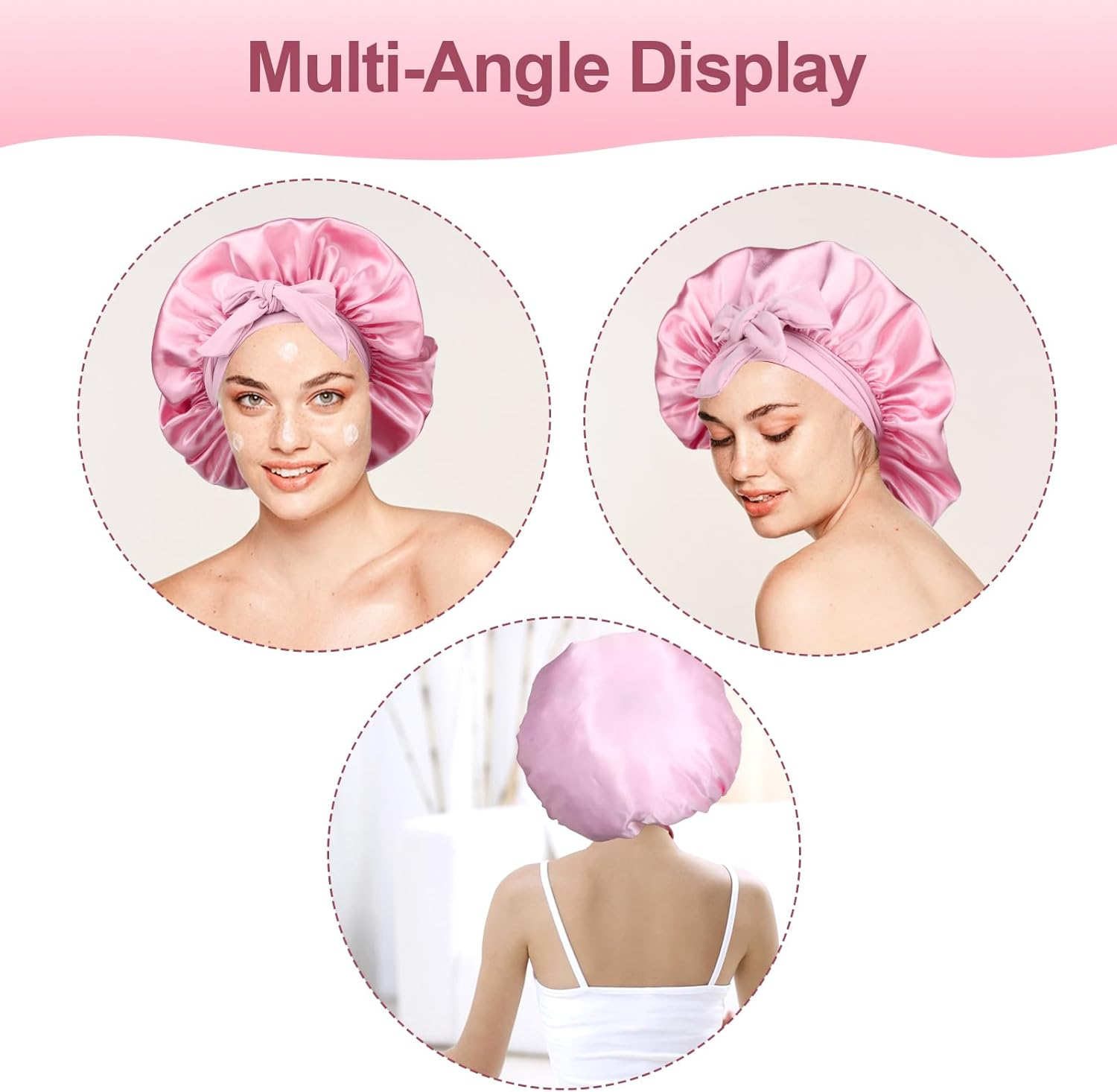 LIQWEI Pack of 2 Satin Hair Caps, Sleep Cap, Satin Adjustable Night Sleep Hat, Hair Cap for the Night, Soft Head Cap, Sleep Cap with Elastic Band for Women and Girls (Black Pink) image number 4