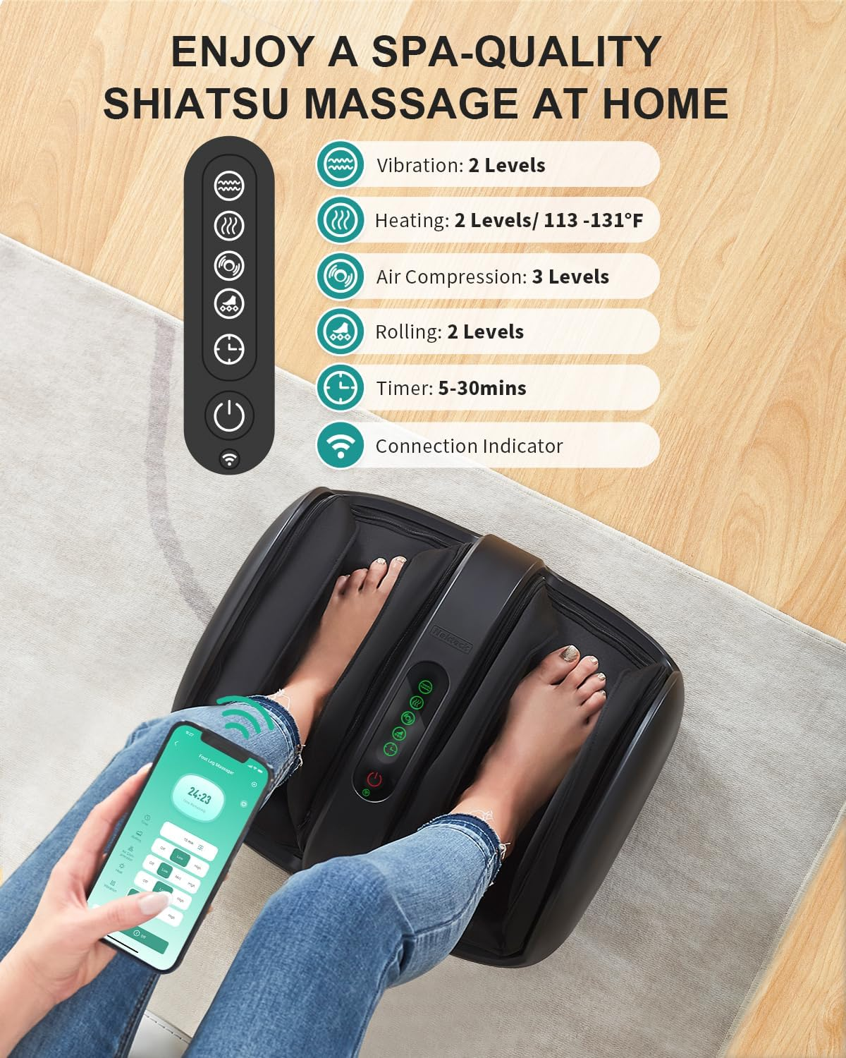 Nekteck Foot Massager with Heat, Shiatsu Foot and Calf Massager with Heat, Remote Control, Deep Kneading, Vibration, Compression Leg Massager for Home and Office Use (Black with App Control) image number 4