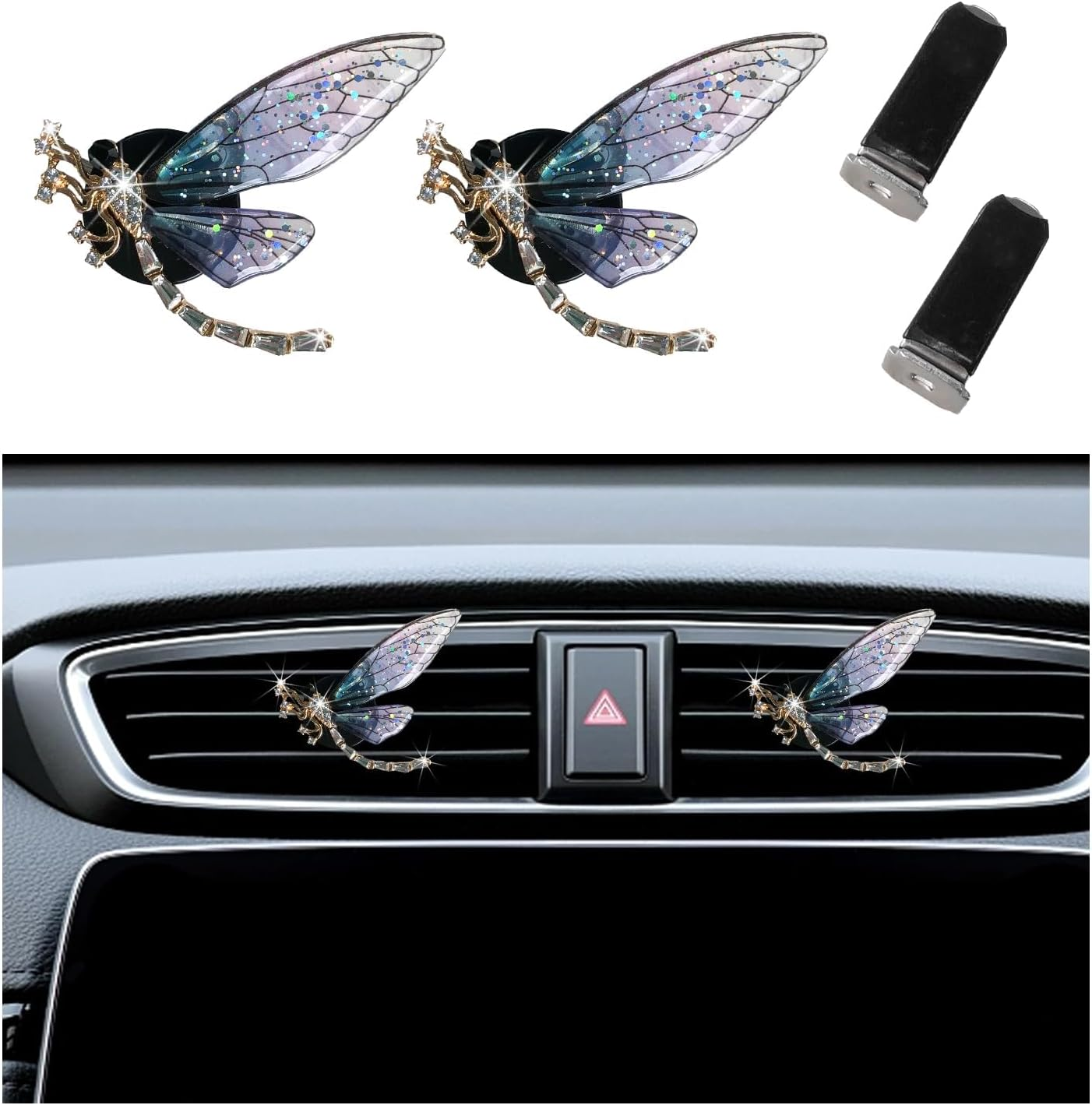 2PCS Bling Dragonfly Air Vent Clips, Cute Crystal Car Air Fresheners Vent Clips, Rhinestone Diamond Auto Diffuser Vent Clip for Women Girls, Car Interior Decor Accessories (Blue)
