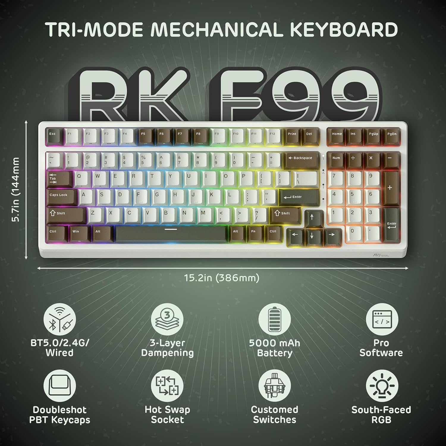 RK ROYAL KLUDGE F99 Wireless Mechanical Keyboard, Tri-Mode 95% 100-Key RGB Gaming Keyboard BT/2.4G/USB-C, Hot Swappable, Pro Software, 5000Mah Battery, Custom Switch image number 2