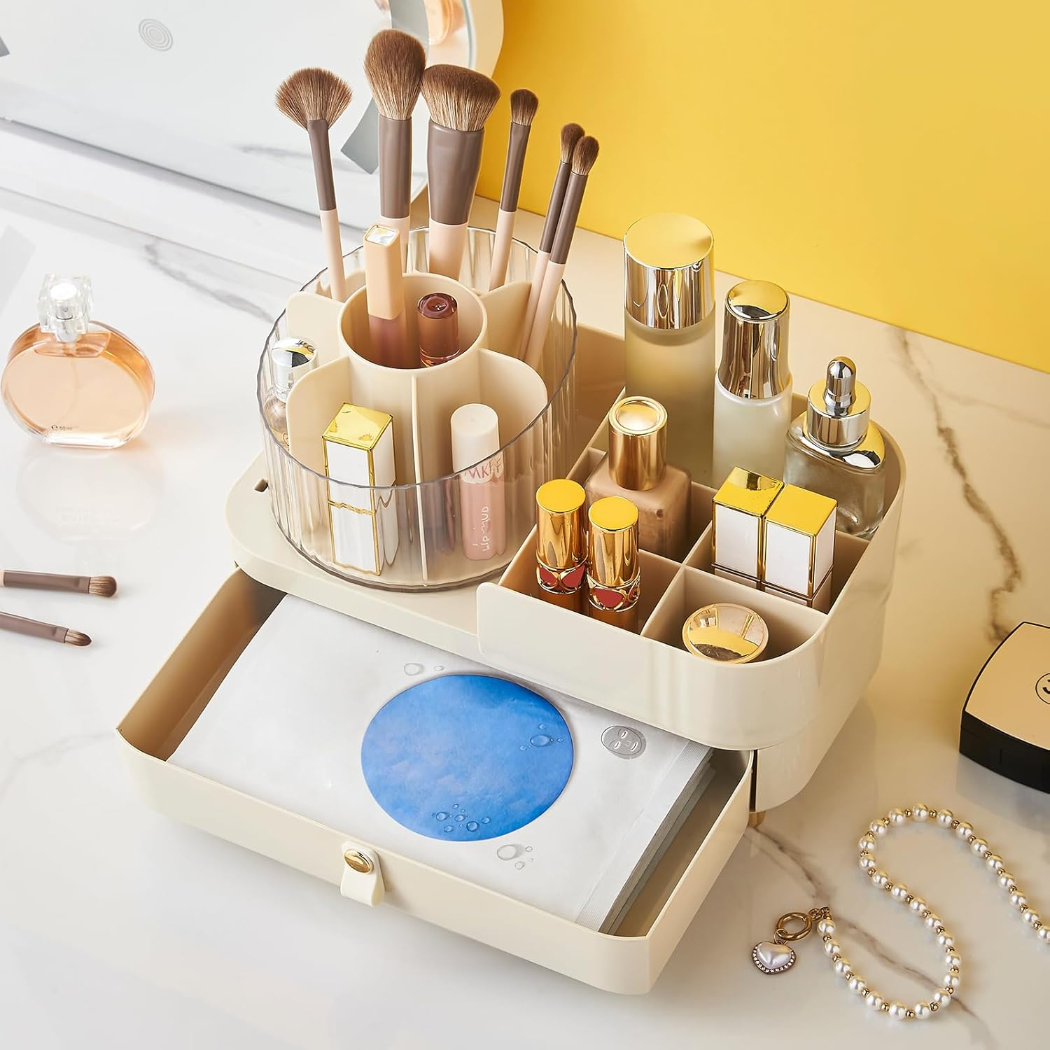 DASITON 360&deg; Rotating Makeup Organizer with Drawers,Large Capacity Cosmetic Display Case,Skincare Organizer with Makeup Brush Holder,Makeup Storage Organizer for Vanity,Desktop,Bathroom (Cream) D1104 image number 1