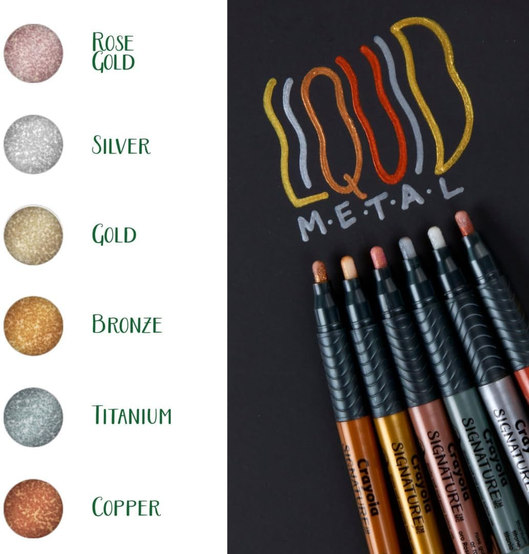 CRAYOLA Marker Signature 6Ct Liquid Metal Markers, Permanent Art Makers, Metallic Shine, 6 Shimmering Colours, Perfect for Hand Lettering Crafts., Metallic (58 6702) image number 1