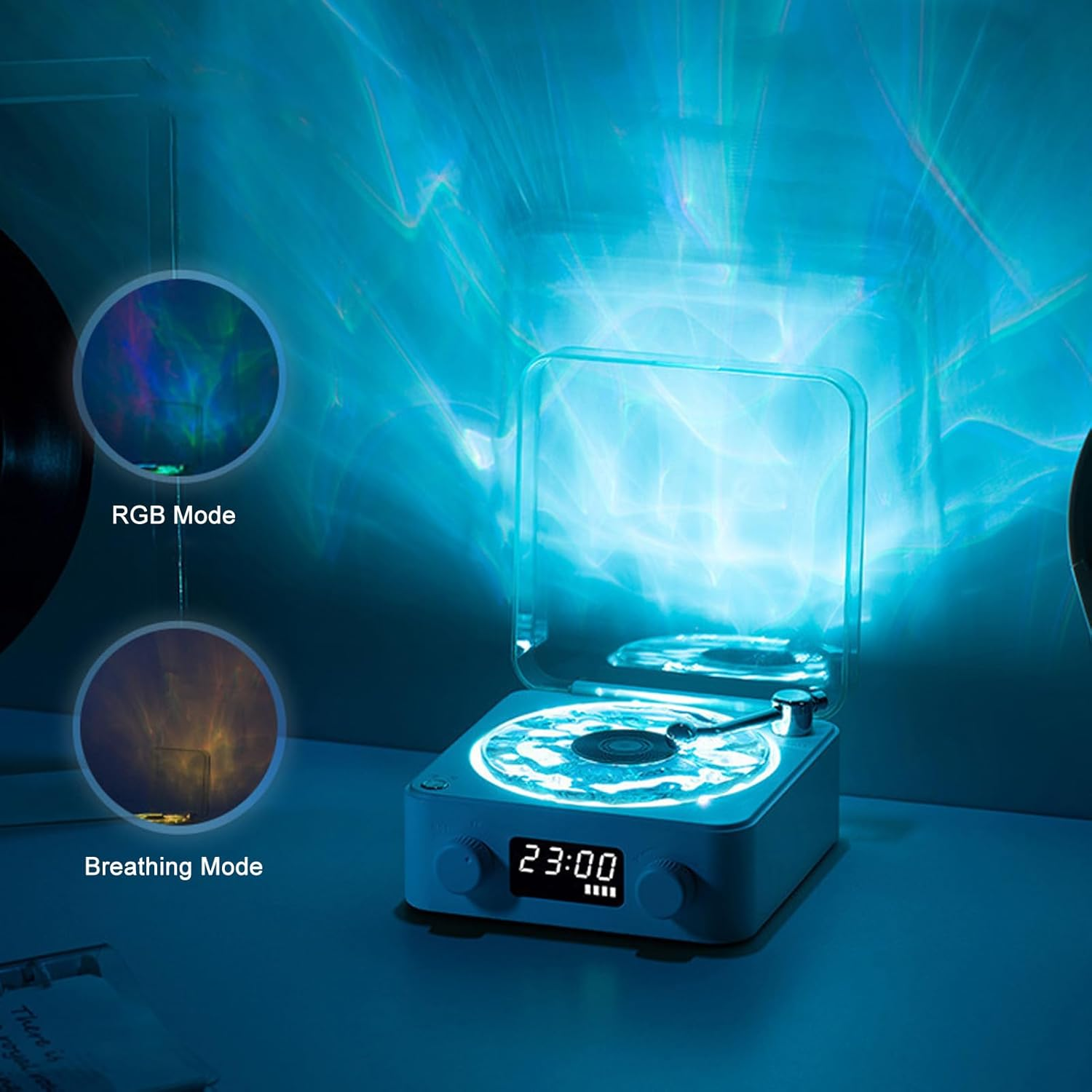 Waves Vinly Bluetooth Speaker, the Waves Vinly Player with Water Ripple Light, Retro Style Vinly Record Player, Aqua Speaker for Bedroom, Office, Party (White) - White image number 2