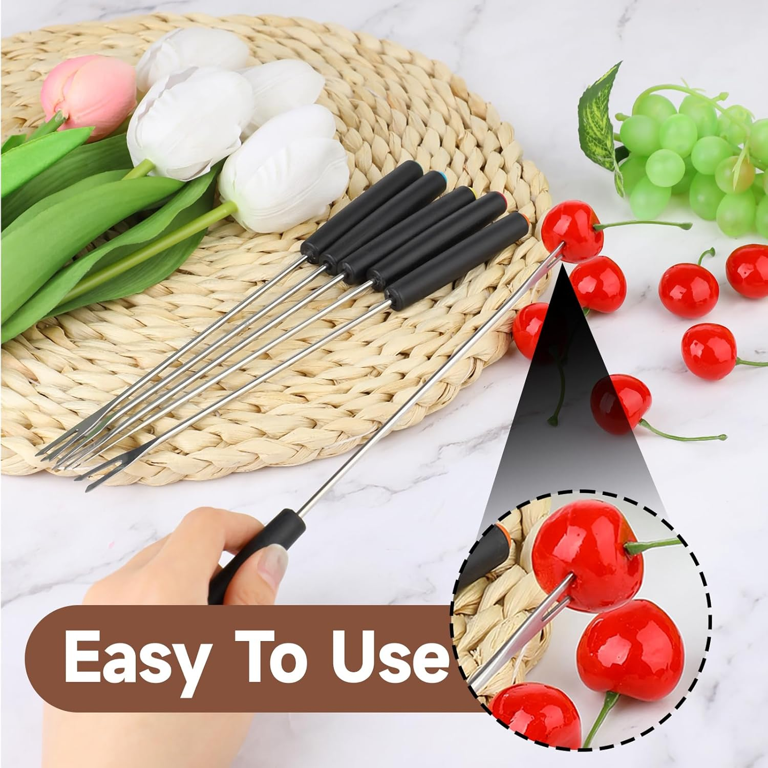 MOZEAT LENS 6 Pcs Stainless Steel Fondue Forks Long Forks Cheese Fondue Forks with Heat Resistant Handle for Roast Meat Chocolate Dessert Cheese Marshmallows, 571876_1_5Fc11Pvdm image number 3