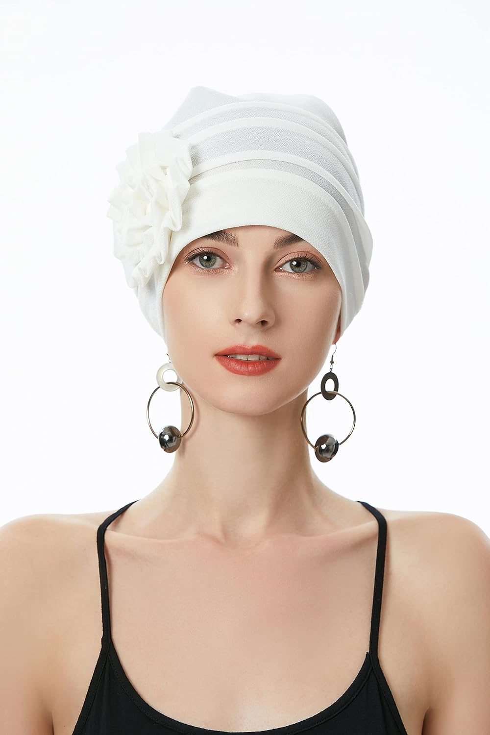 ZLYC Women Turban Beanie Hat with Flower Chemo Headwear Elastic Head Wrap Cap - Boho Flower Beige image number 3